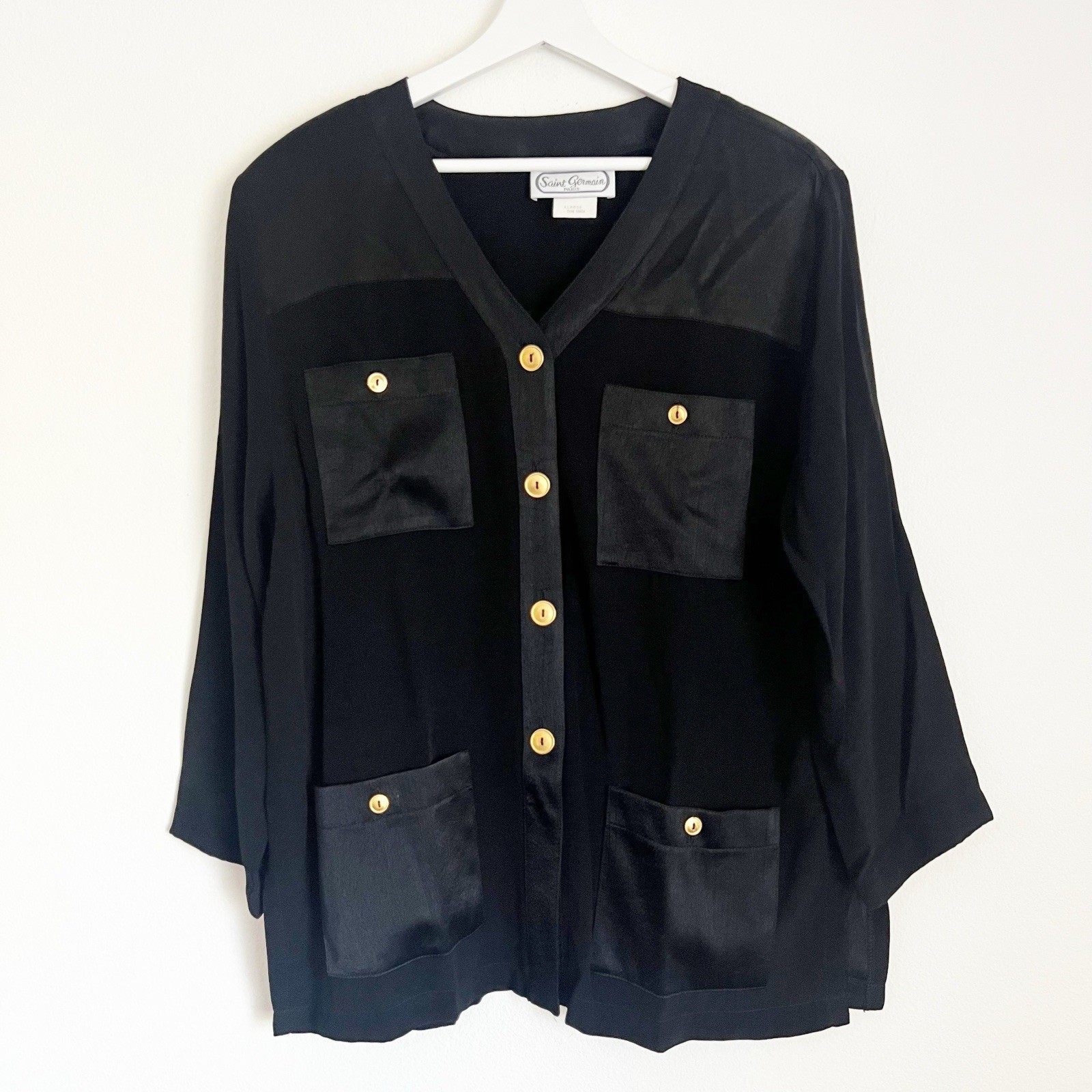 Vintage Saint Germain Paris Black Blouse V Neck Pockets Top Gold Tone Buttons XL
