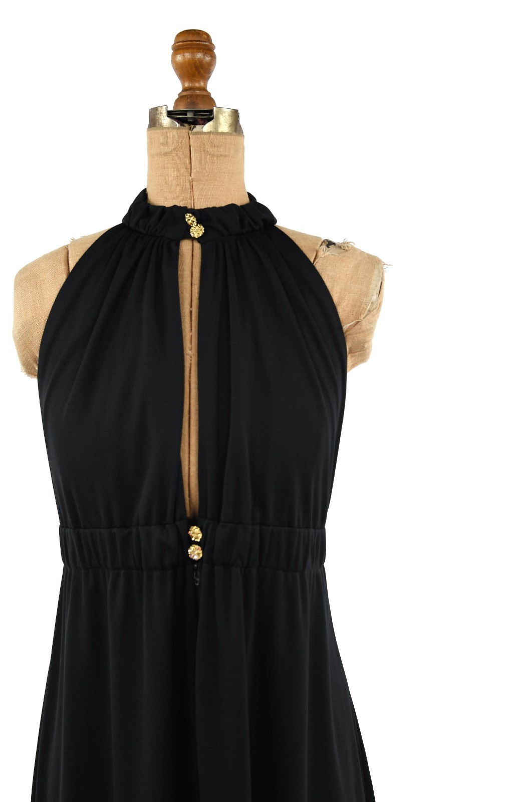 Vintage 70s Black Halter Keyhole Maxi Dress Gold Accent Buttons Disco Sleeveless