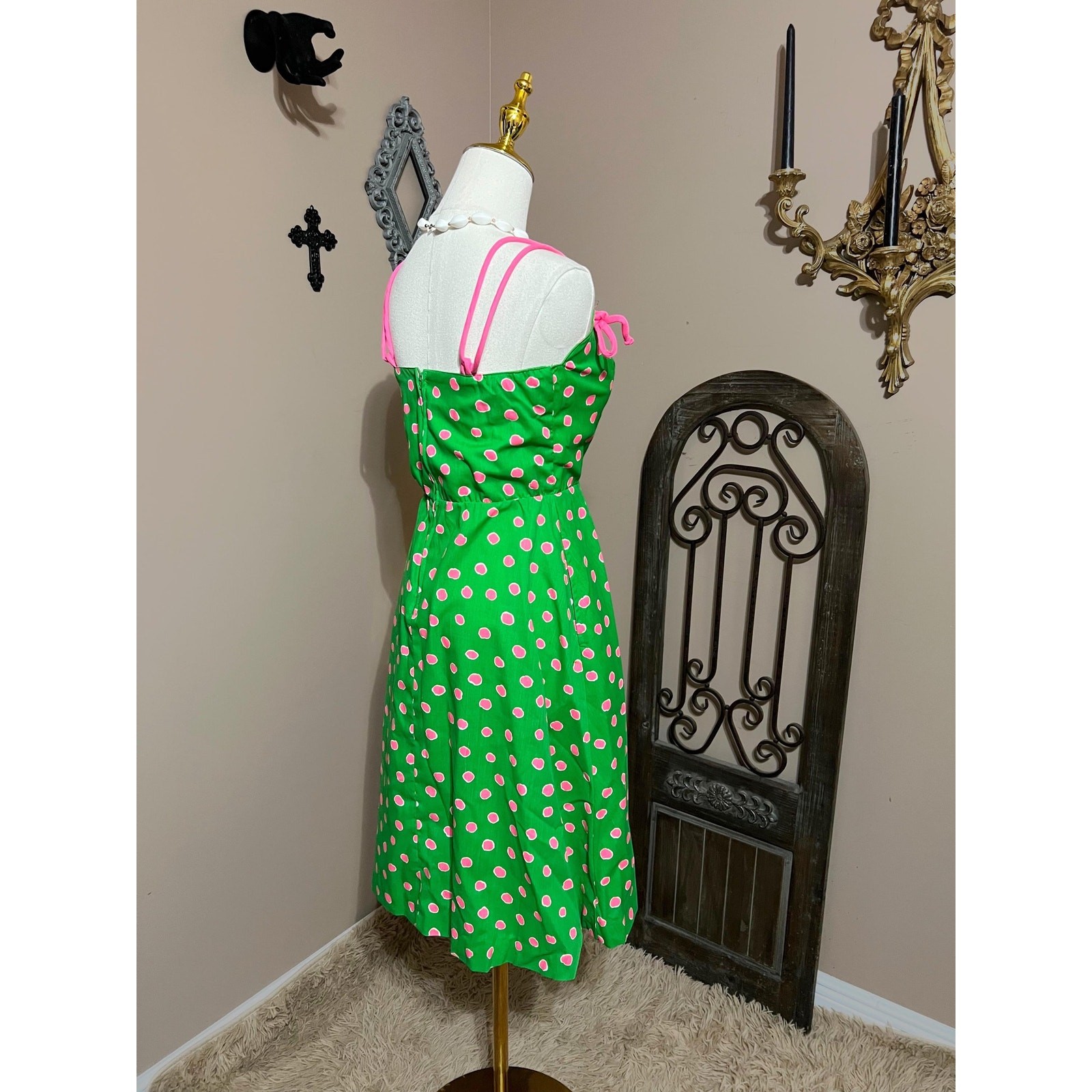 Vintage 60s 70s Green & Pink Polka Dot Tank Sundress Colorful Retro Mod Size S