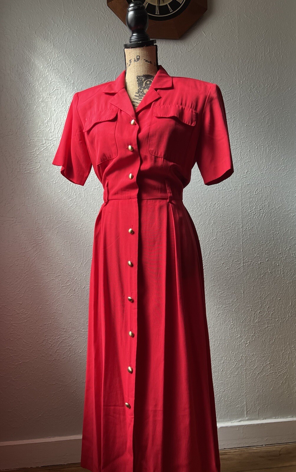 1980s Lipstick Red Button-Up Shirt Dress S M 80s Stranger Things Secretary Retro