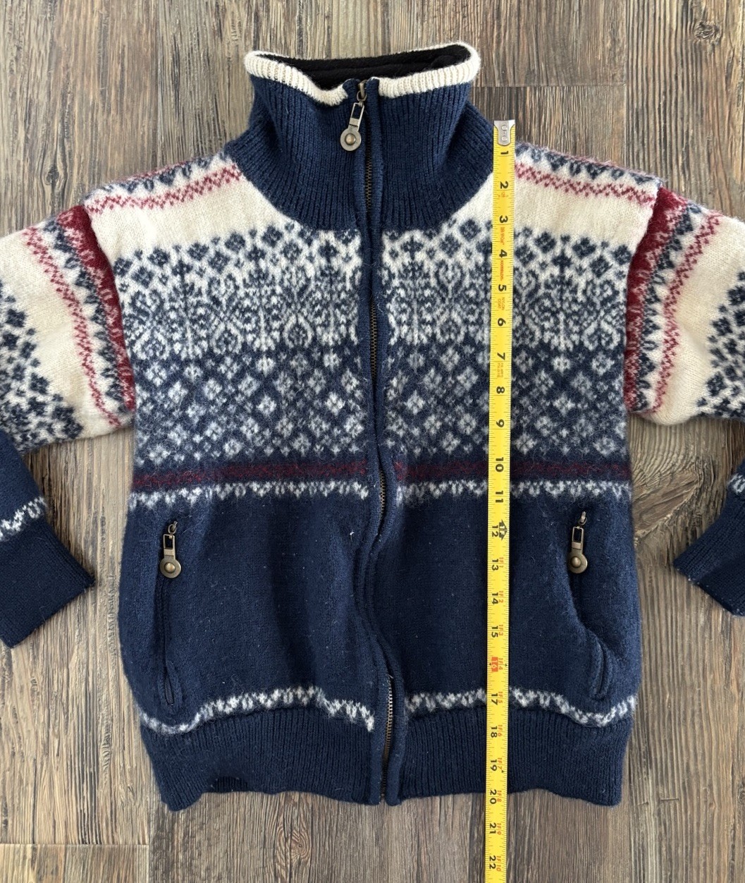 Vtg Windfjord Classic Bergen Norway Pure Wool Sweater S Full Zip Blue Red White
