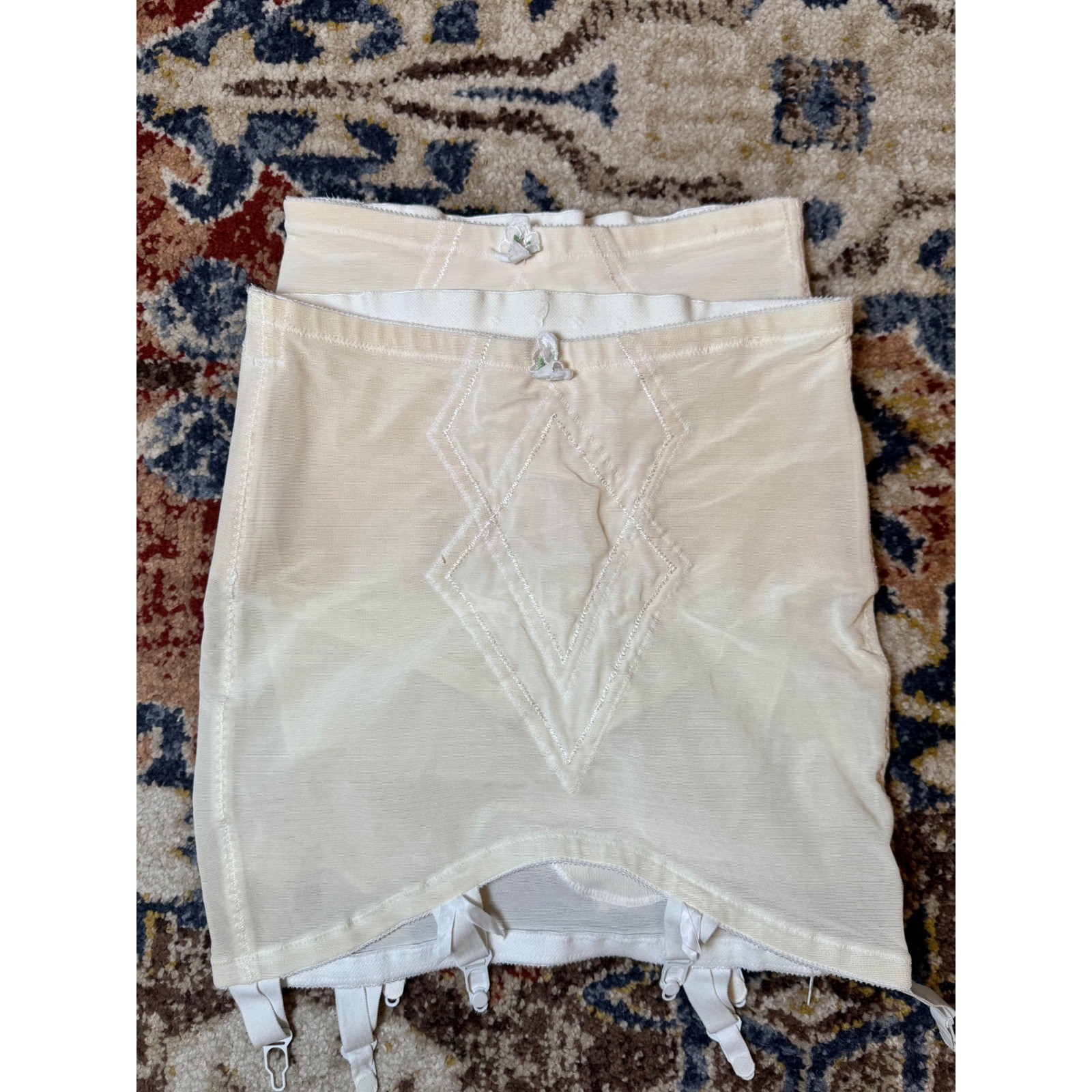 Vintage High Waisted Girdle Set Cream Diamond Stitch Garter Clips Large 29/30