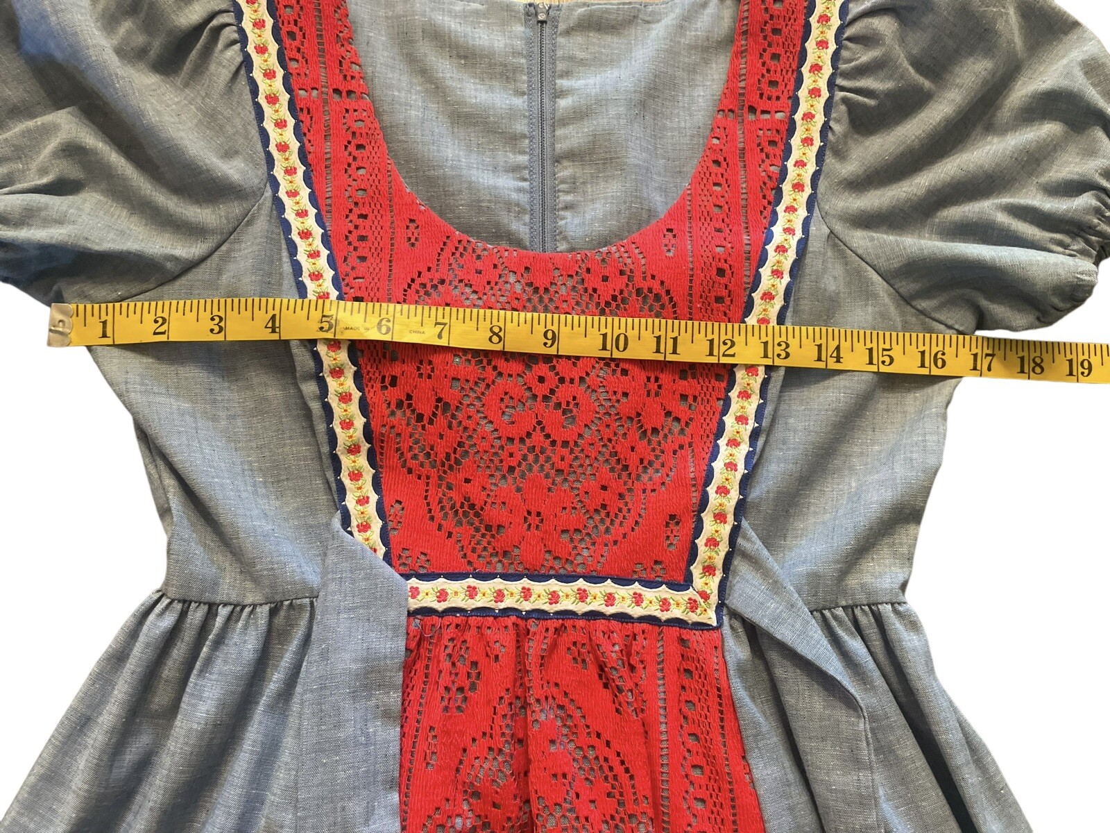 VINTAGE Joy Stevens CA boho maxi dress Blue Red Pinafore Lace Crochet Puff 3/4