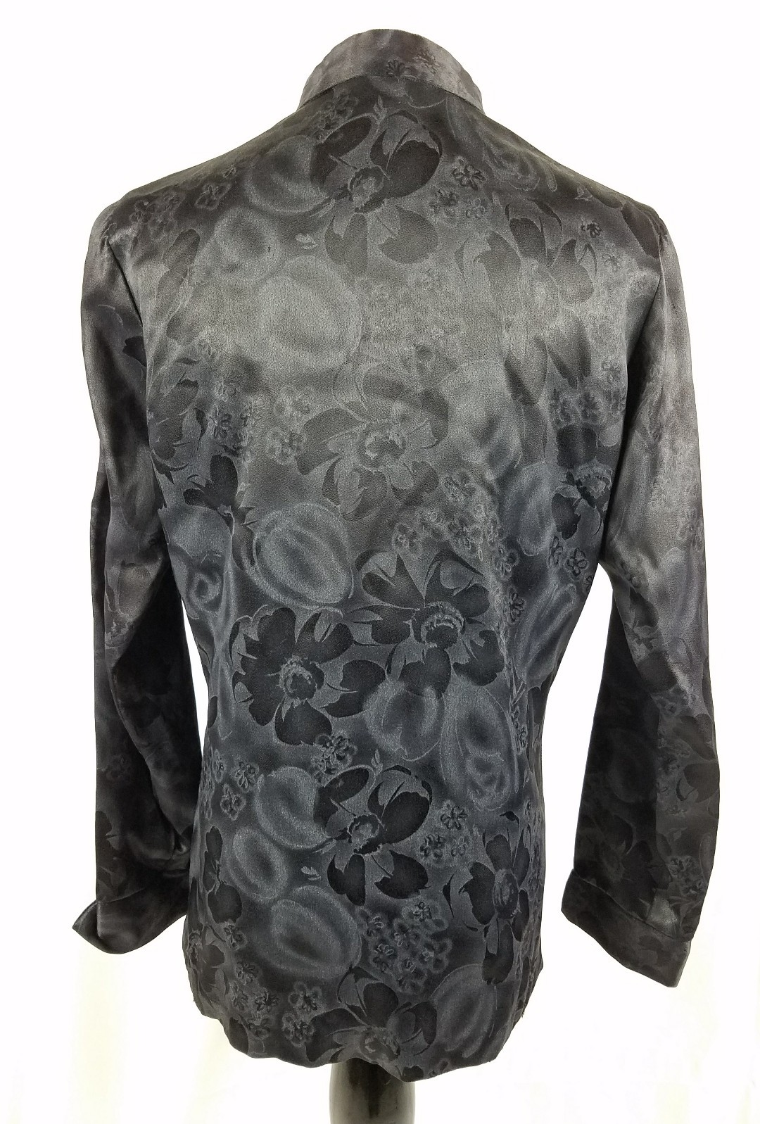 Vintage Alice Stuart Jonathan Logan Shirt Asian Black Satin Floral Frog Clasp