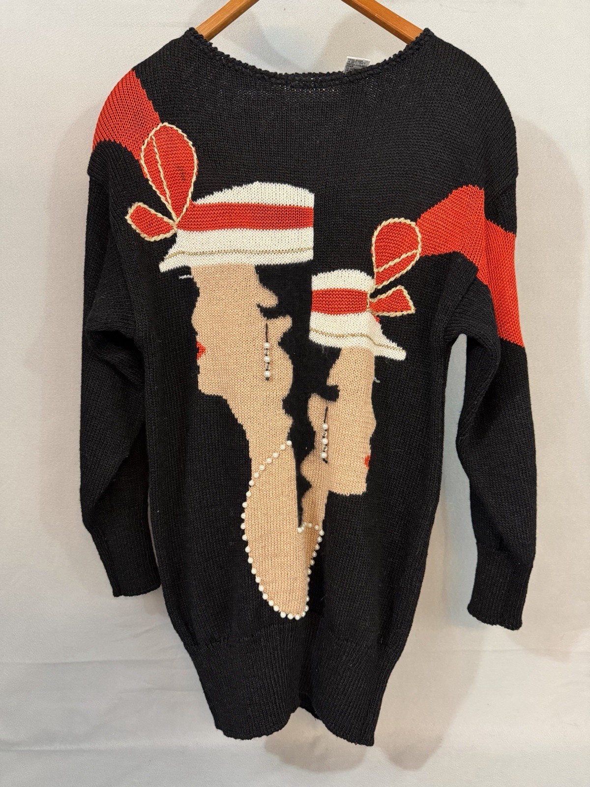 Vtg Maurada Flapper Girl Christmas Embellished Pearl Oversize Sweater Whimsigoth