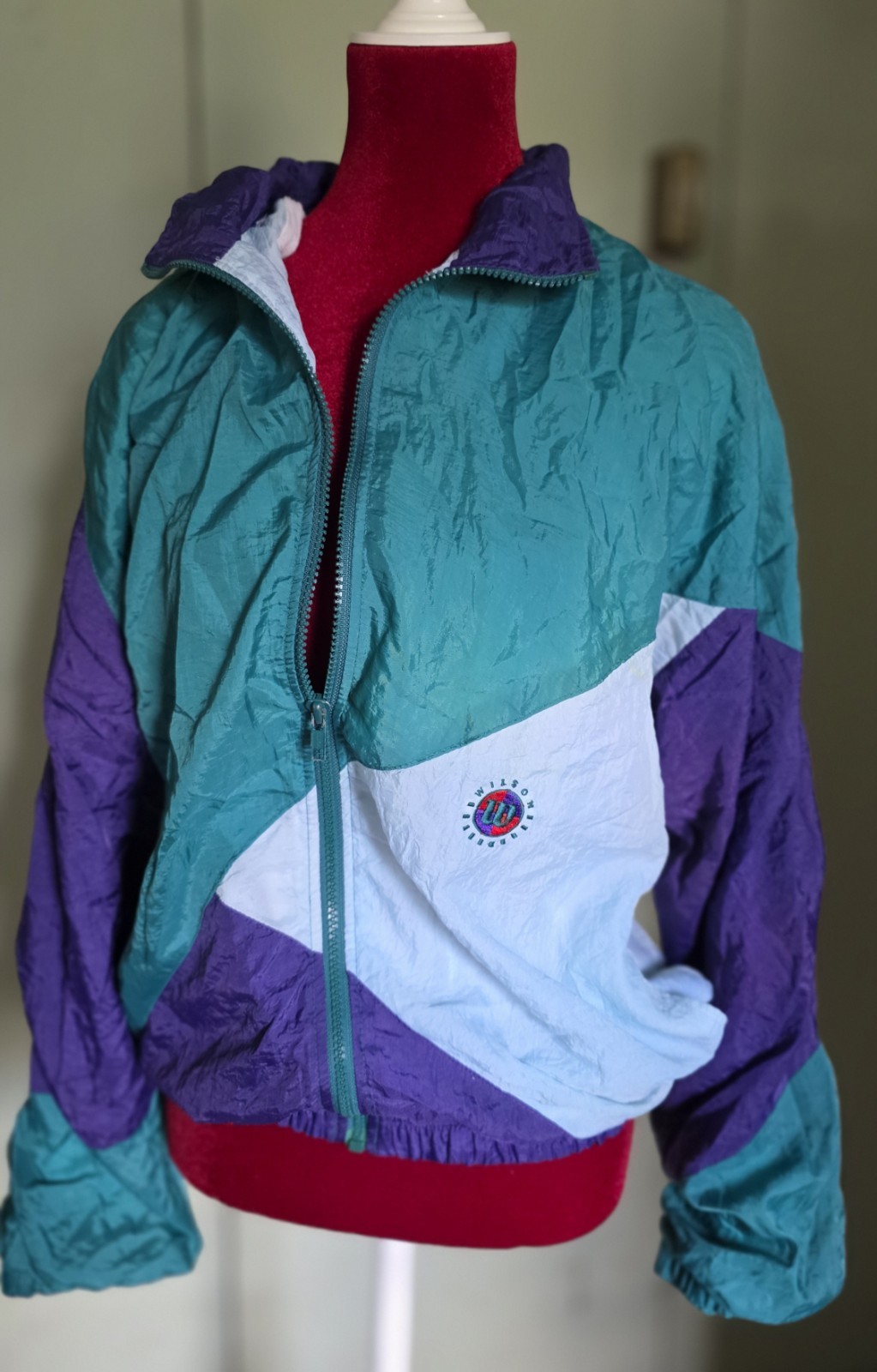 VTG Wilson 80’s Color Block Track Windbreaker Jacket SZ SM Purple Green White 🎾