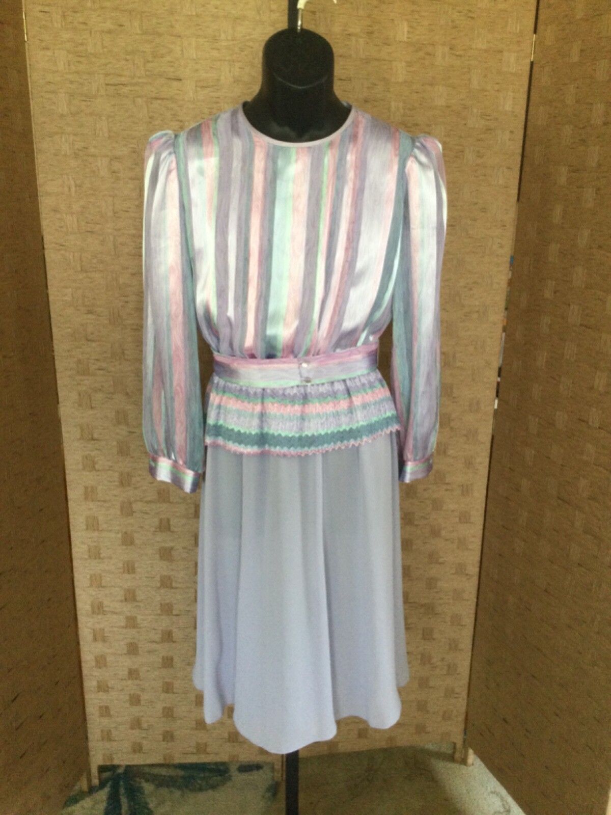 Vintage Marinette Dress 70s 80s 12 M Secretary Semi Sheer Sleeves Pastel