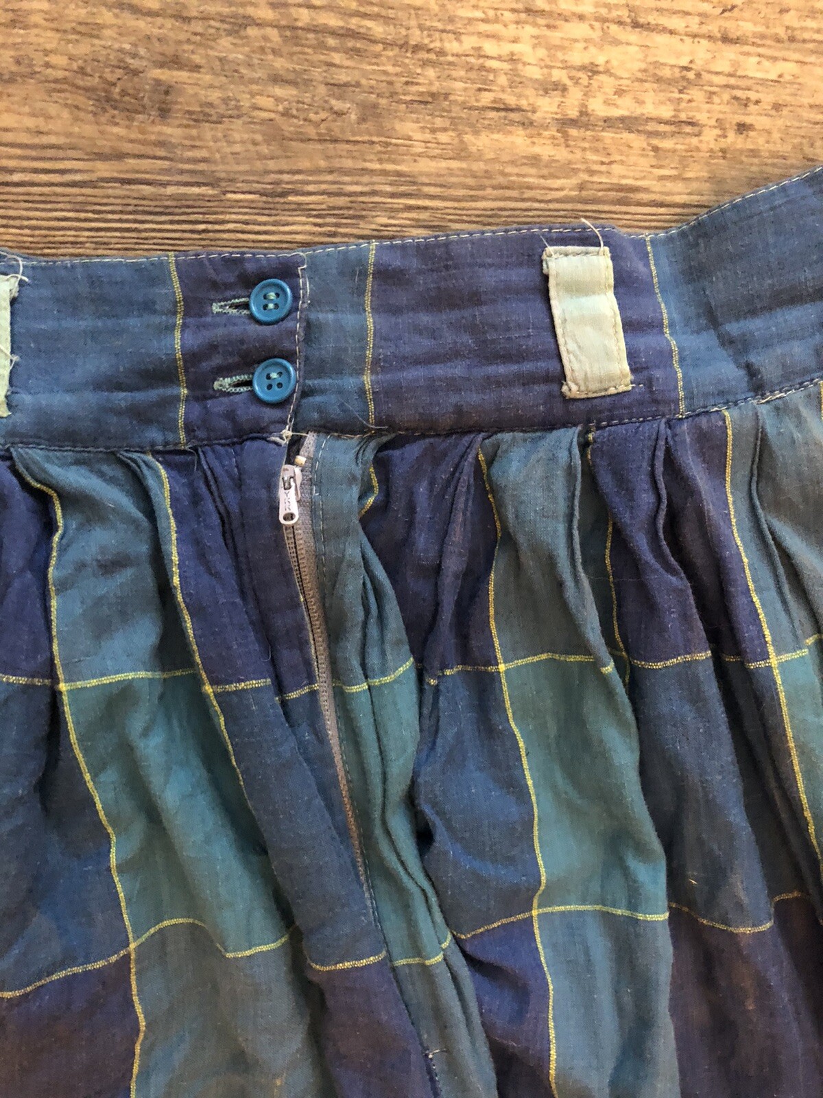 Vintage 80s Santa Cruz 22″ Waist Blue Green Madras Plaid A-Line Skirt Cotton-XS