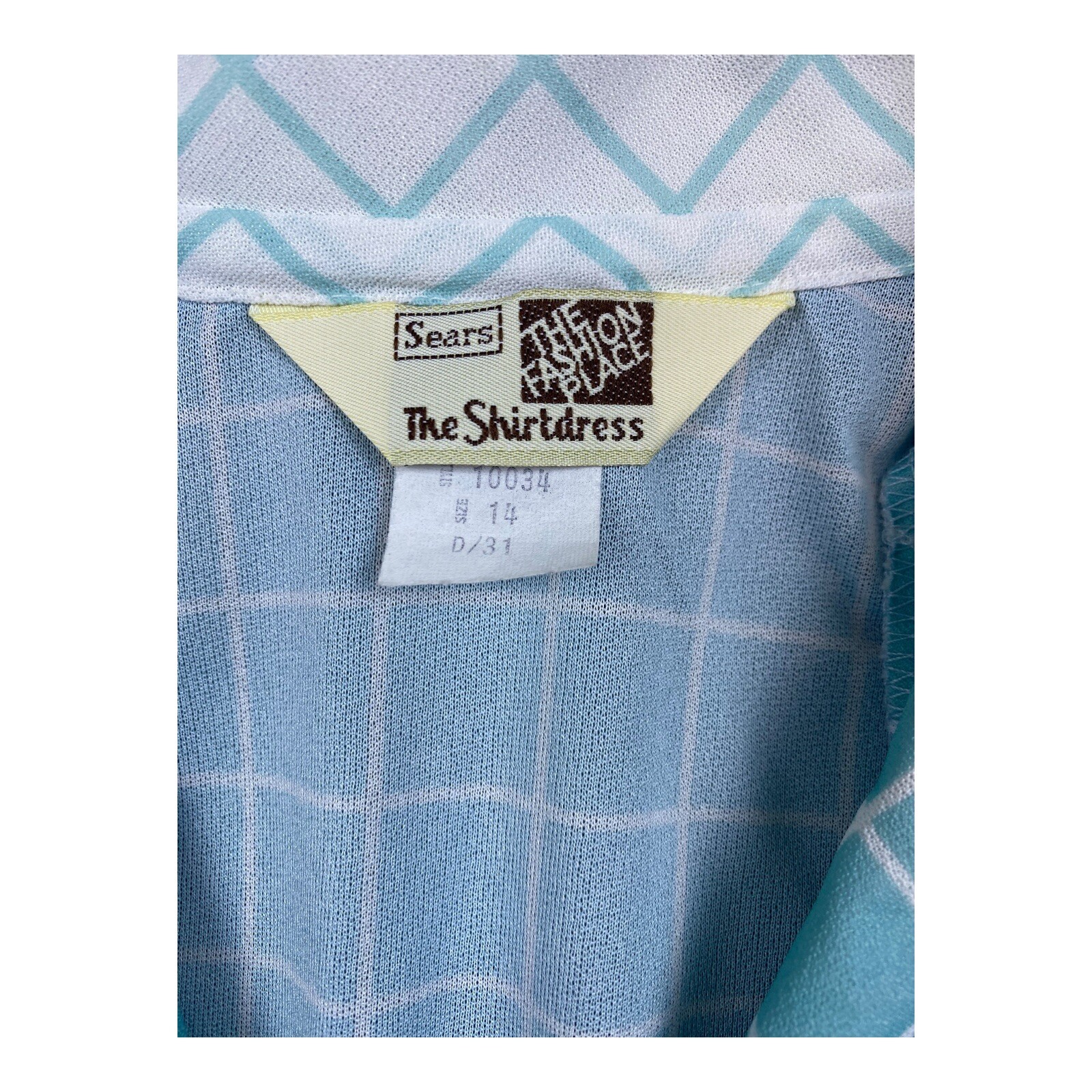 VTG 70s Sears The Fashion Place Shirtdress Blue Windowpane Check Belted Size 14