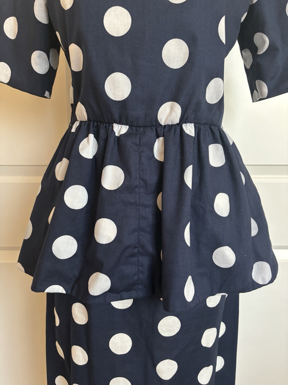 Mollie Parnis Vintage 70’s Polka Dot Peplum Blouse & Skirt Set USA Made Size 14
