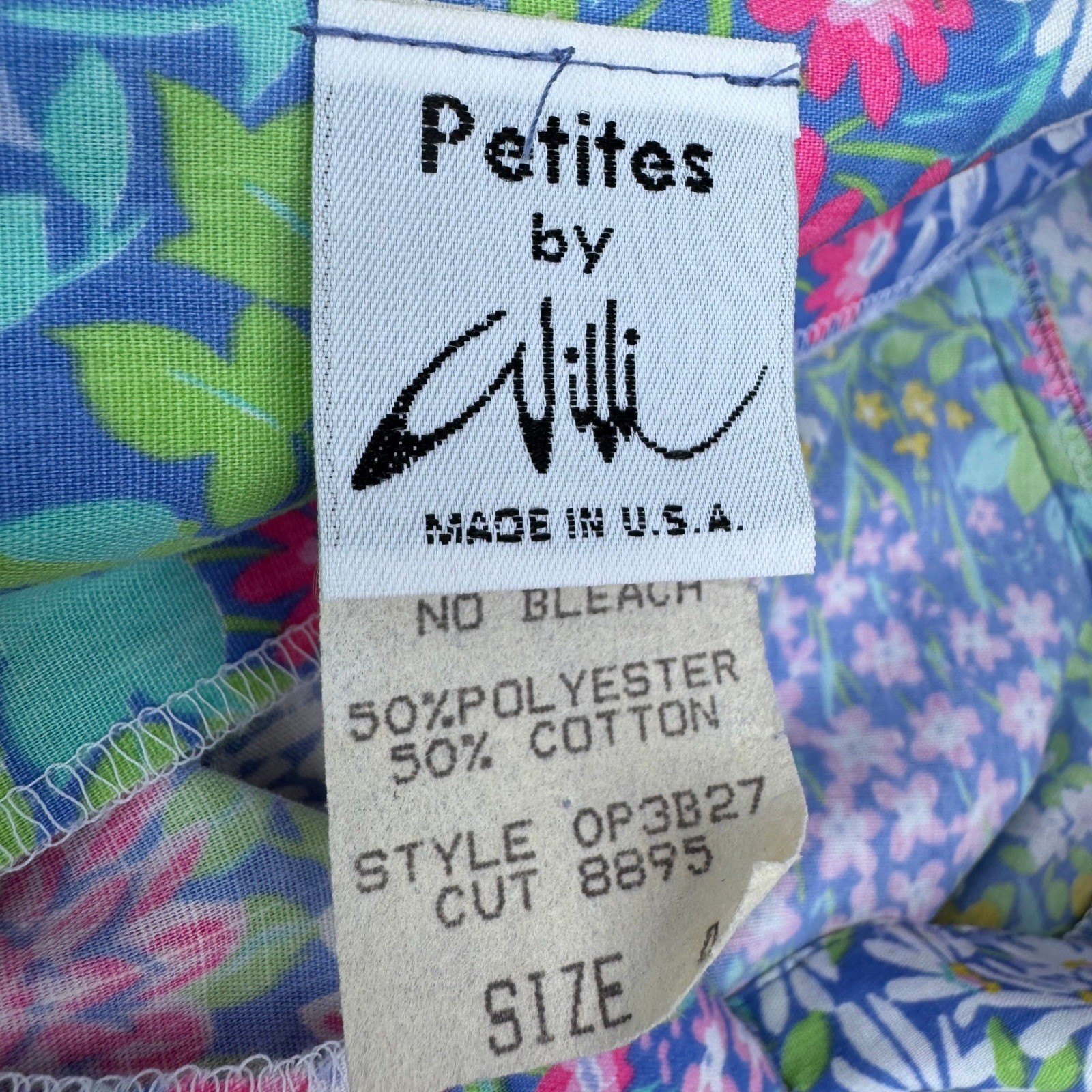 Petites by Willi Vintage Floral Puff Sleeve Midi Dress Blue Pink Size 4 USA Made