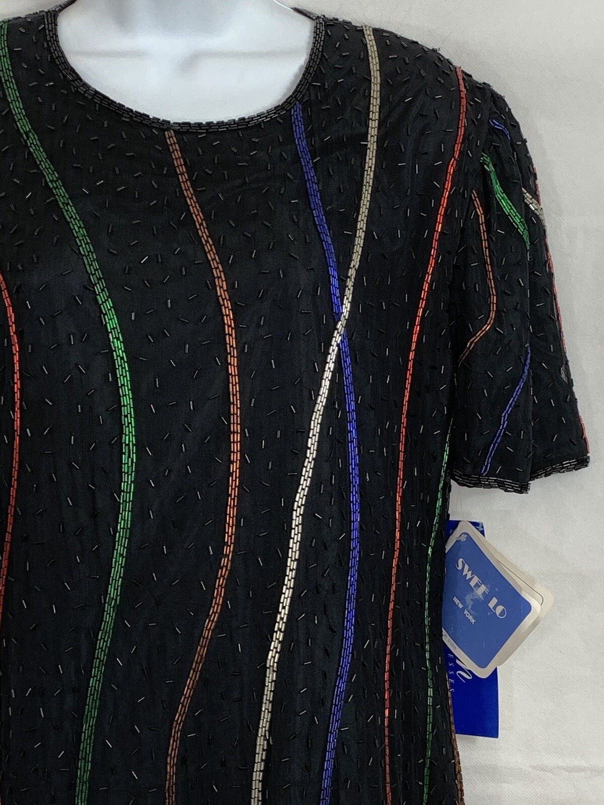 NWTs Vintage Sweelo Sz M Silk Black Multicolored Beaded Dress Lined Short Sleeve
