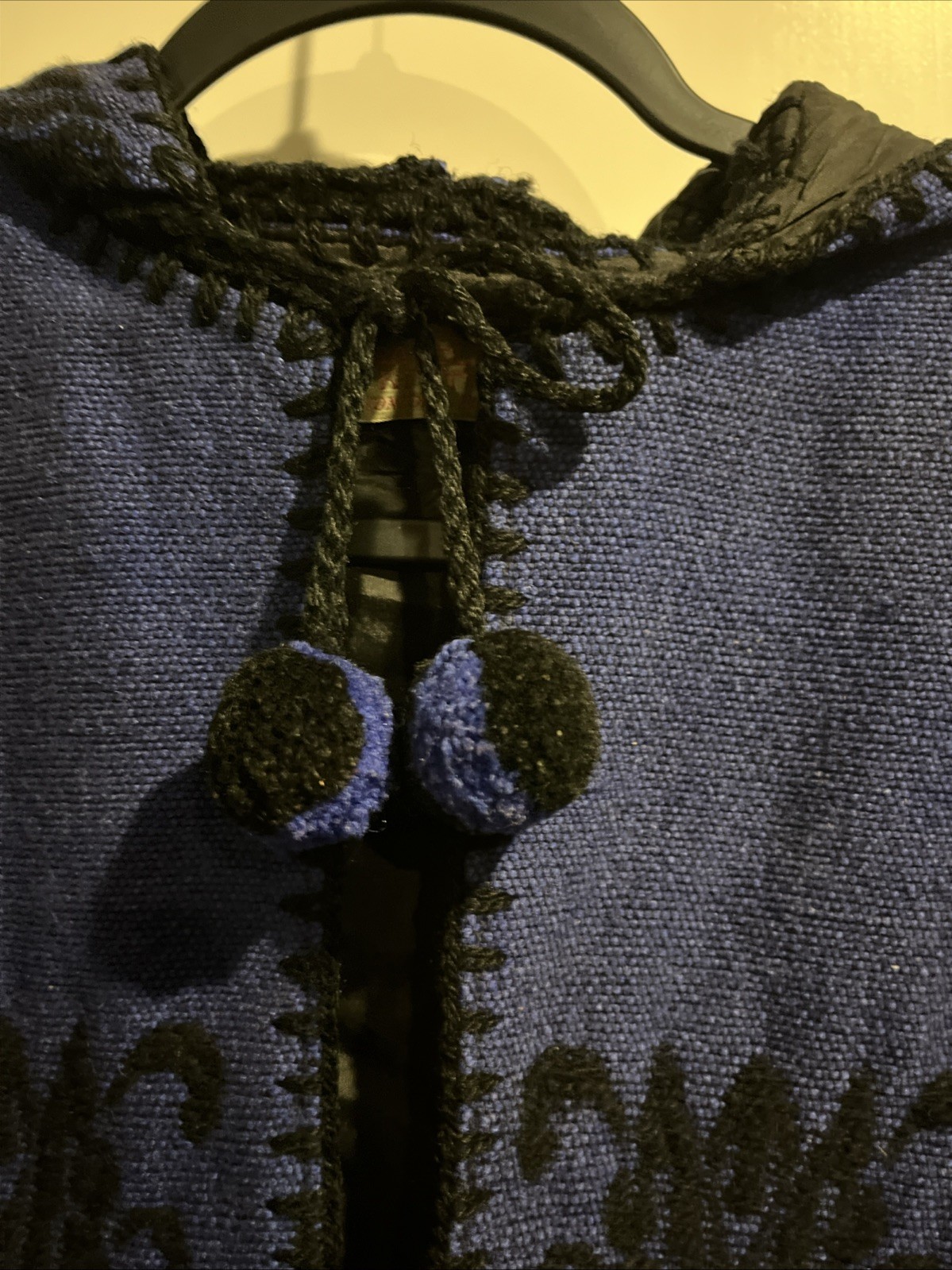 Vintage Woman’s Knit Crocheted Blue & Black Poncho Jacket Wool Cotton Lined