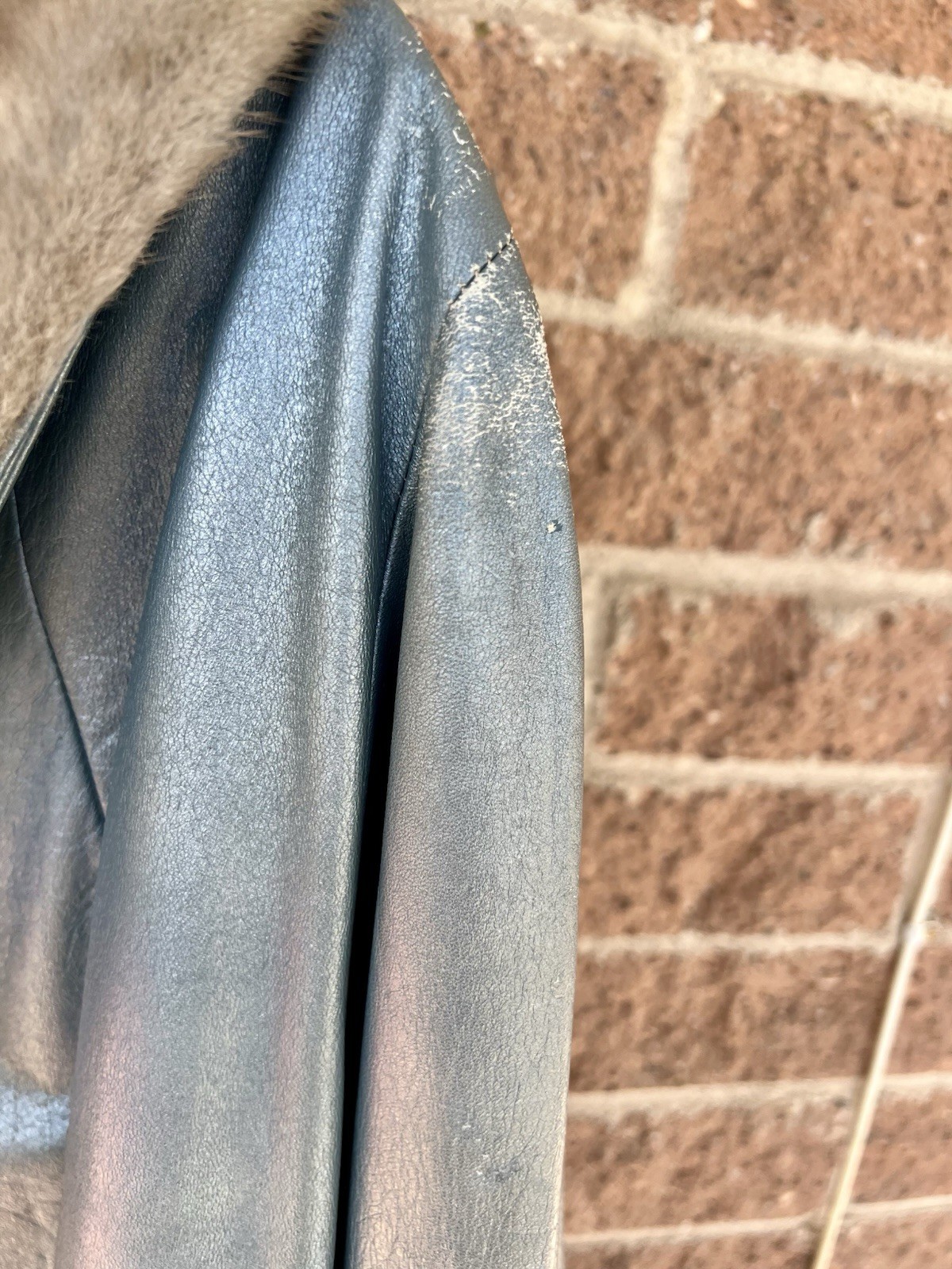 Vintage Shiny Blue Leather Coat w/ Fur Collar – No Lining or Brand, Still Sweet