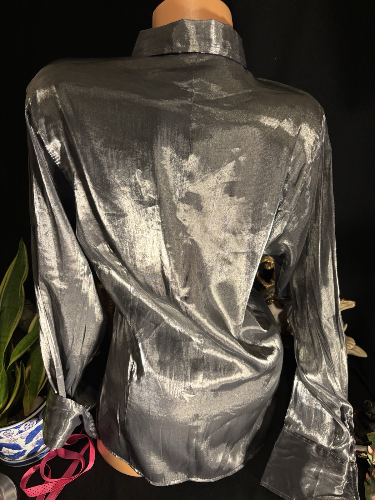 Vtg Satin Secretary Office Button Up Notch Silver Office Blouse L XL 44″