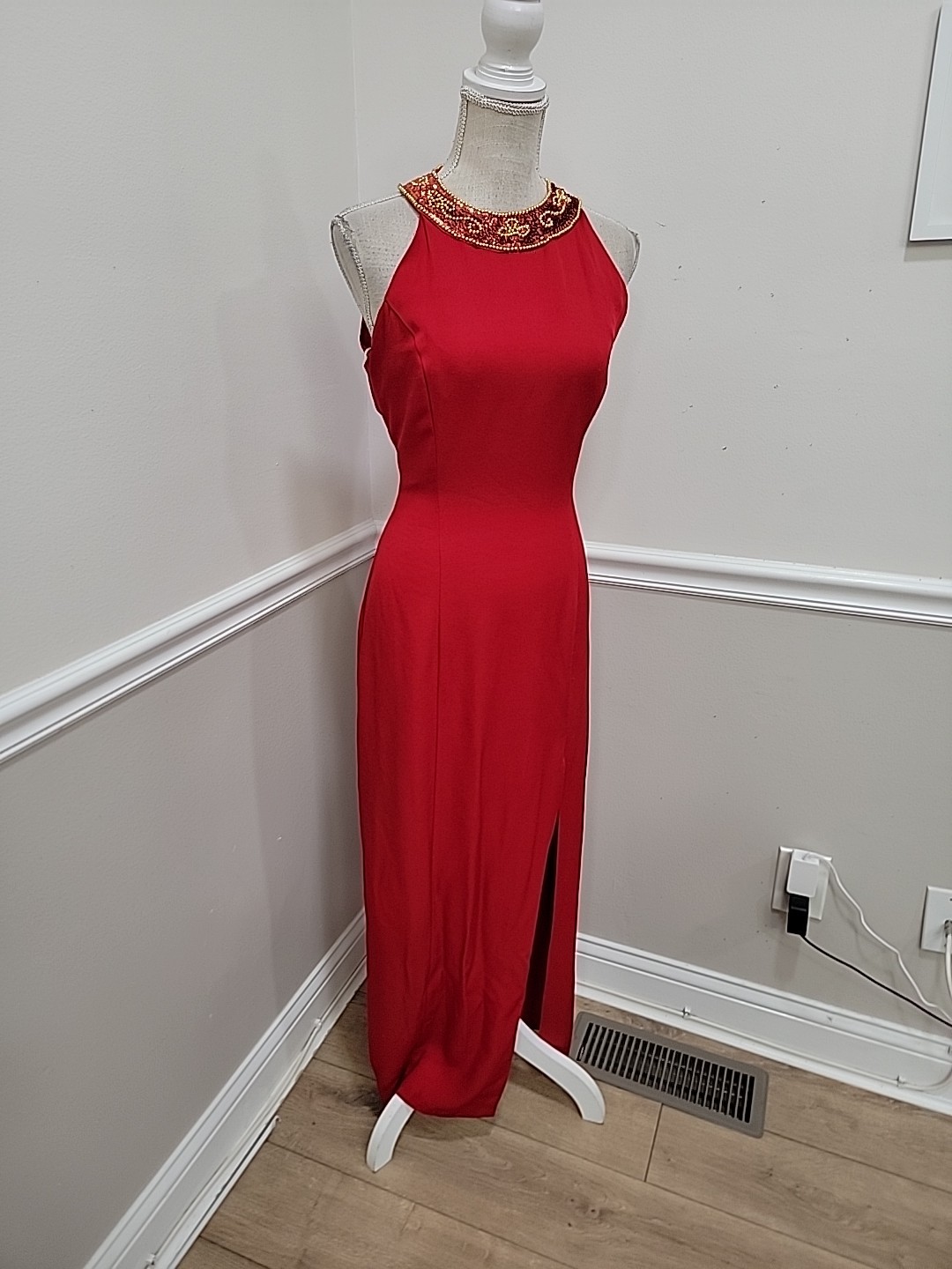 VTG 1980s Red Beaded Halter Evening Gown De Lara by Linda Bernell Maxi Dress