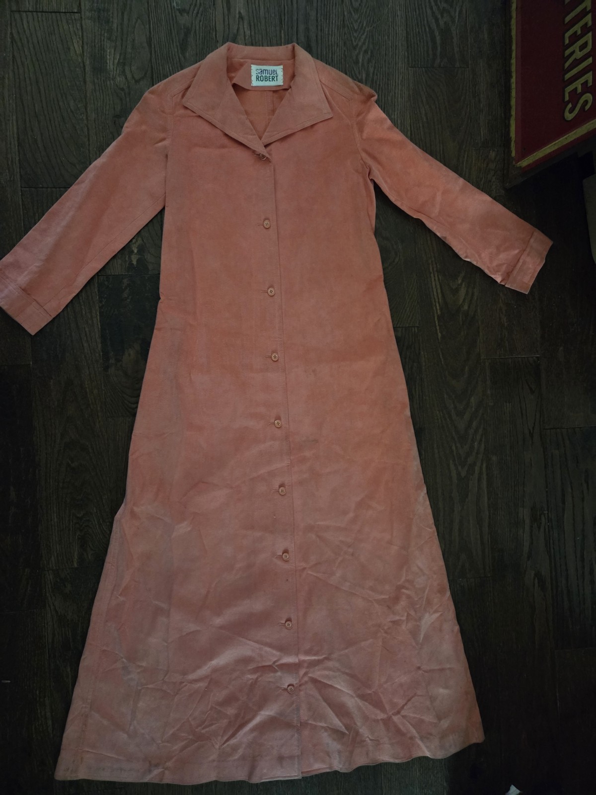 Vintage Samuel Robert Faux Suede Maxi Shirt Dress Salmon Pink Button Front Wms S