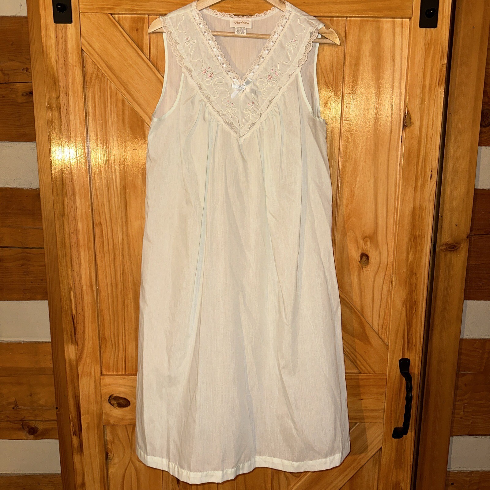 VTG 1960 Barbizon Green Lace Ribbon Rose Nylon Cotton Nightgown & Robe Set Small