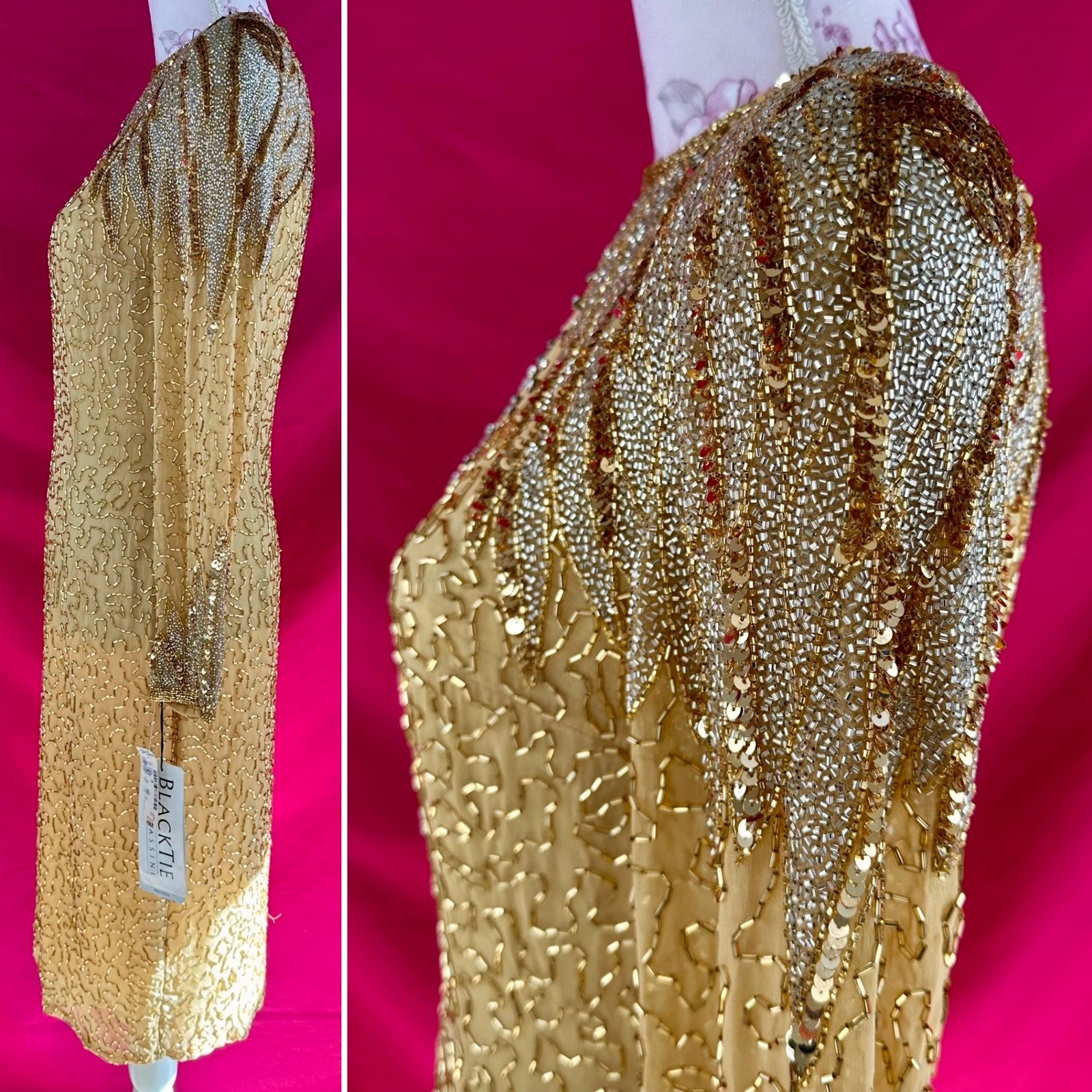 NWT Beaded Sequin Rhinestone Silk Gold Party Midi Dress Oleg Cassini Size 6 NYE