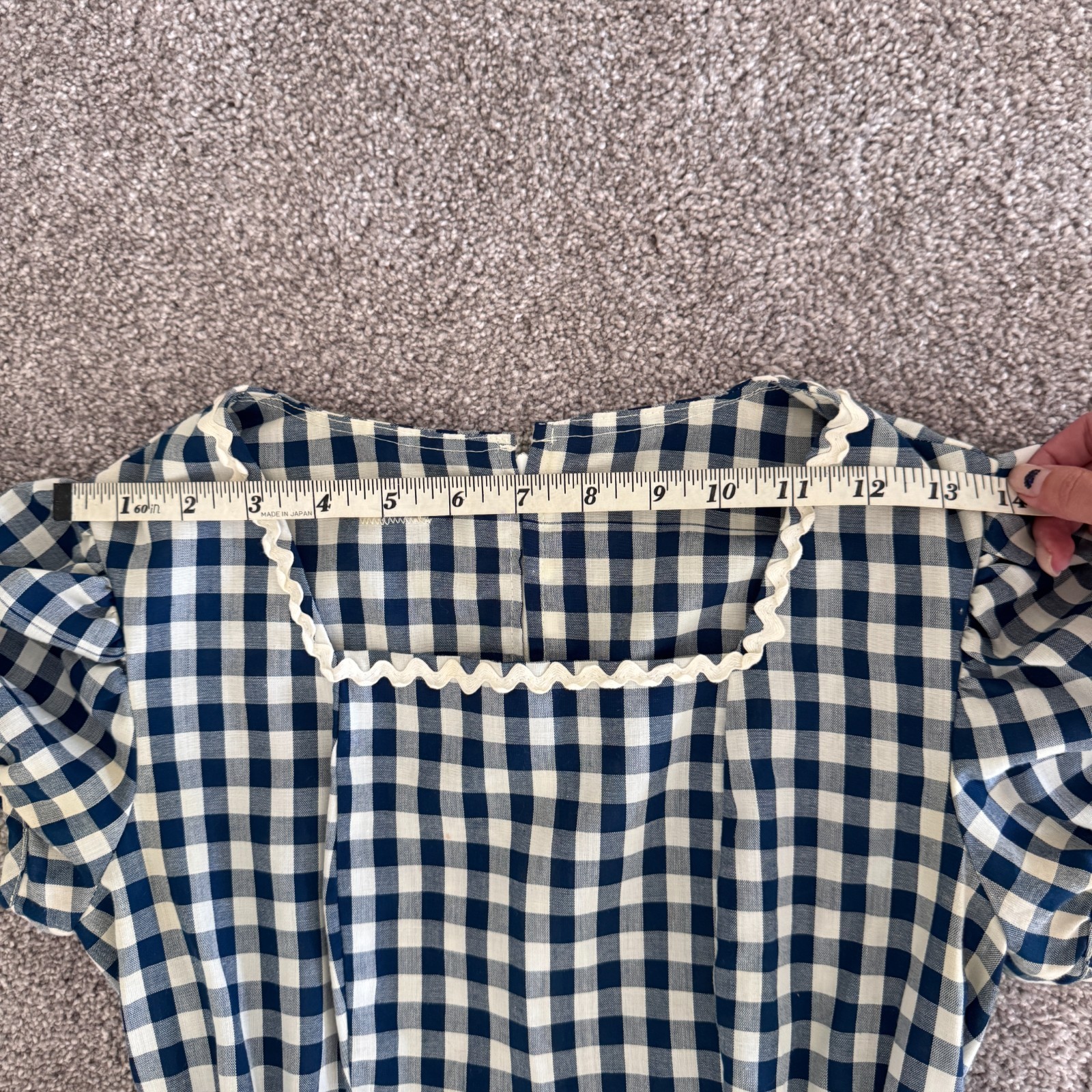 Vintage Handmade Blue White Gingham Prairie Maxi Dress Puff Sleeve XS 70s Style