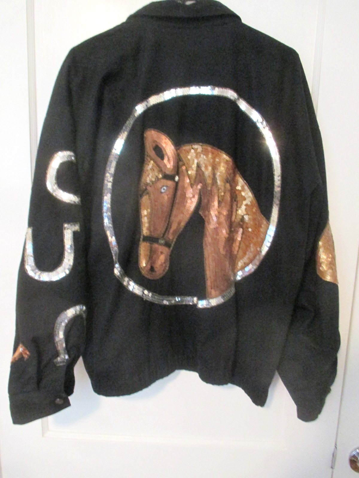 VTG MODI DENIM SEQUIN WESTERN HORSE HORSESHOES EQUESTRIAN WOMENS JACKET SML 6-8