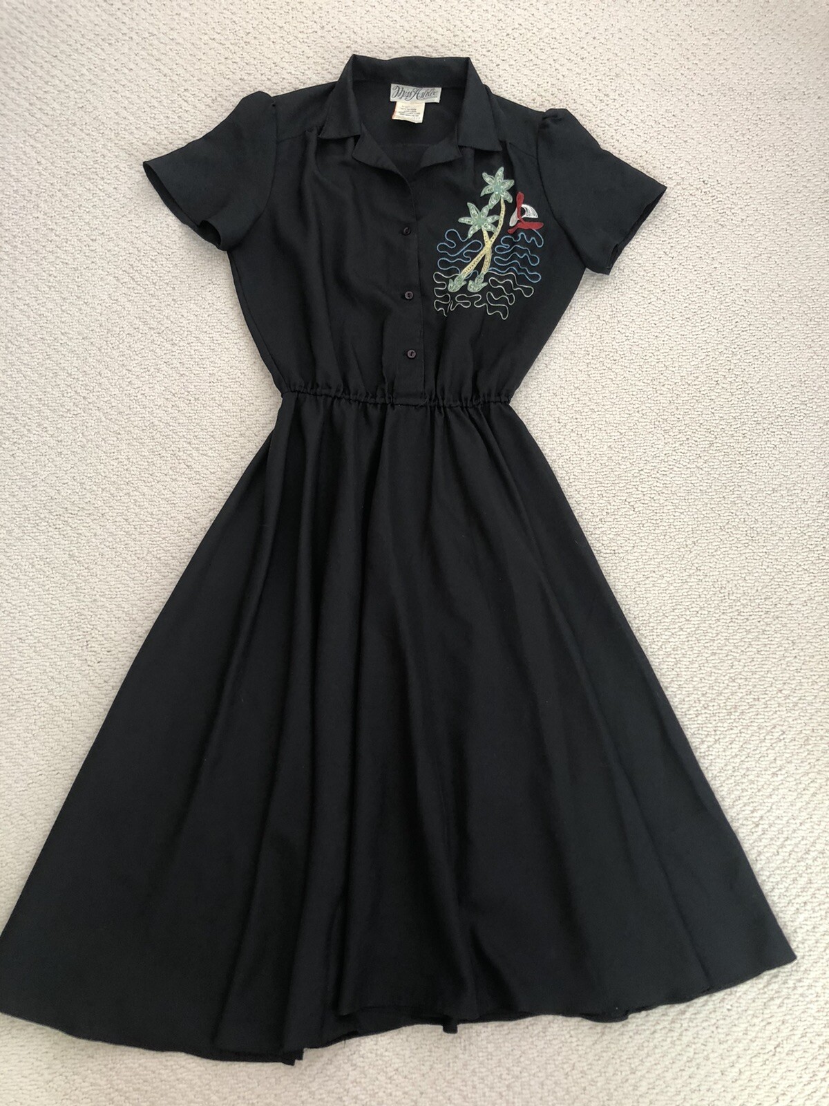 Vtg 80s MISS ASHLEE Nautical Shirt Dress Black 14 COOL