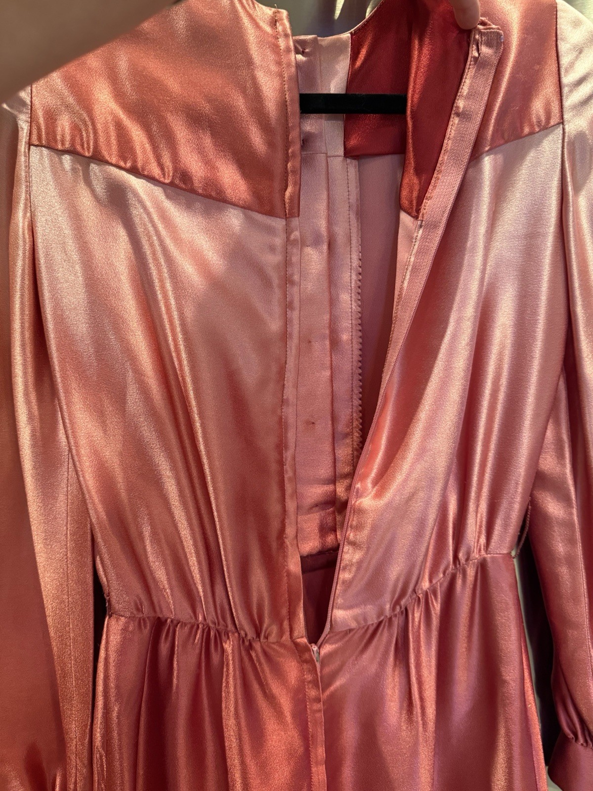Vintage 70s Pat Sandler Ombre Pink Red Satin Dress Long Sleeve Midi Retro Small