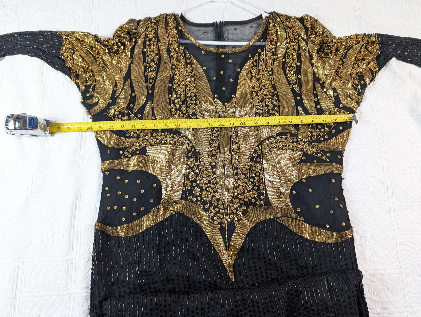 Vtg Landmark Silk Beaded Gown XL, Black Gold Sequin Maxi Dress, Flapper READ