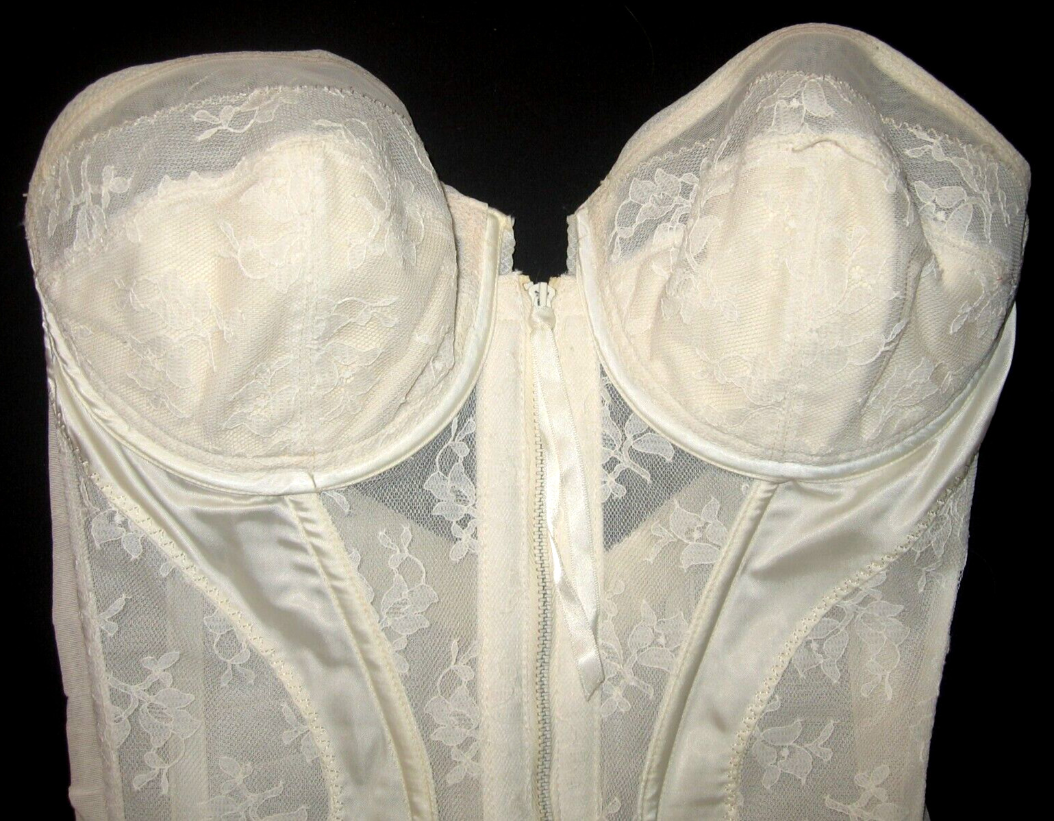 VtG 60s FORMFIT Pinup Corset White Sheer Lace Satin Full-Zip Girdle Garters 36C