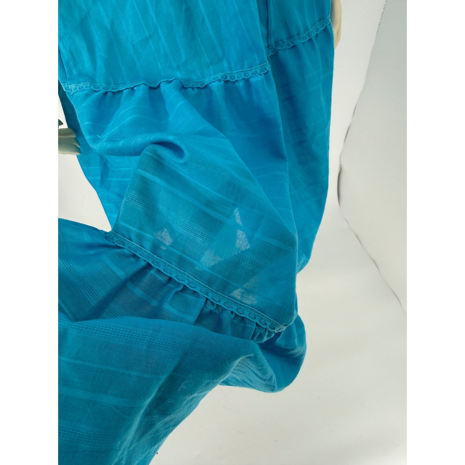 1970s Blue Off Shoulder Prairie Dress Cottagecore Boho Gauze Small