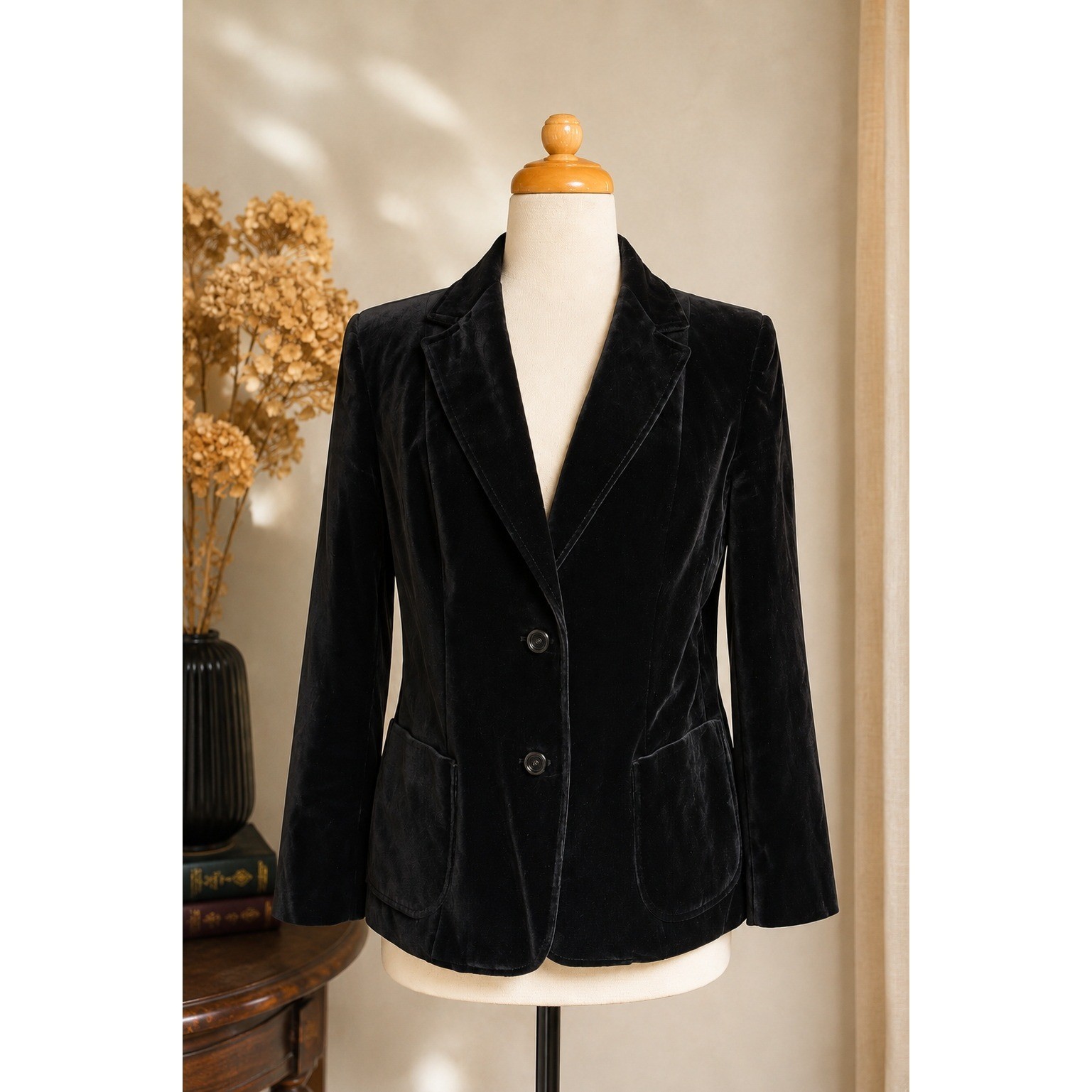 Vintage Black Velvet Blazer UK Made Cotton Modal Jacket Large Classic Tailored