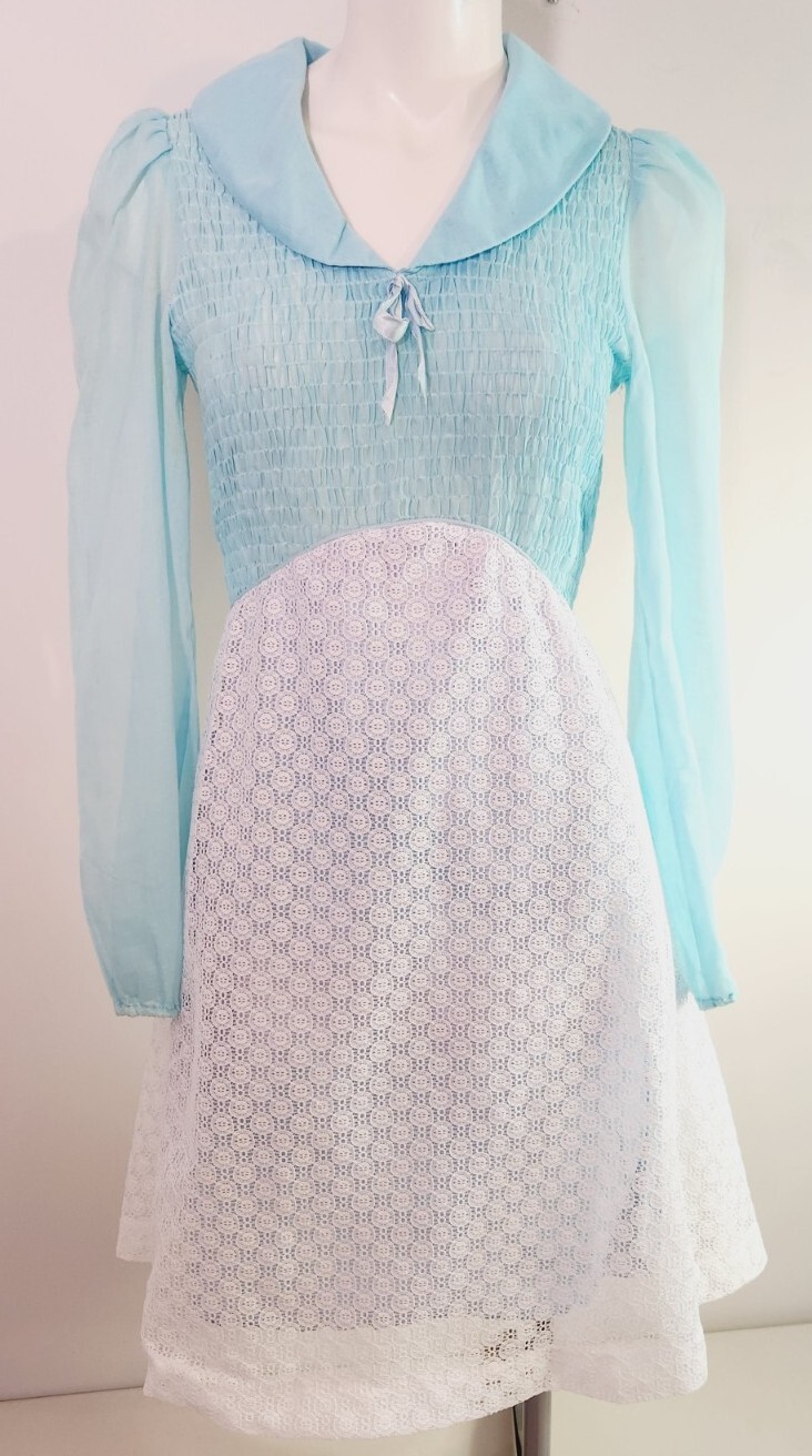 Vtg 70’s Candi Jones California Blue/White Lace Festival Folk Boho Dress Size 13