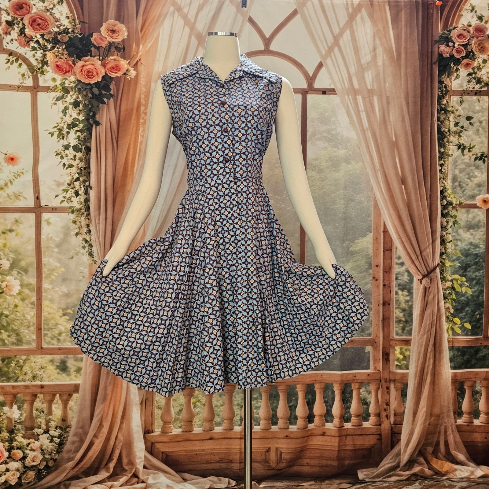 Vintage 1970s Dress Fit and Flare Sandy Lane Blue Brown Geometric Print Buttons