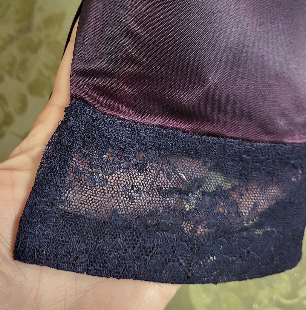 Vintage Satin A-Line Skirt with Lace Hem – Deep Plum Midi Skirt