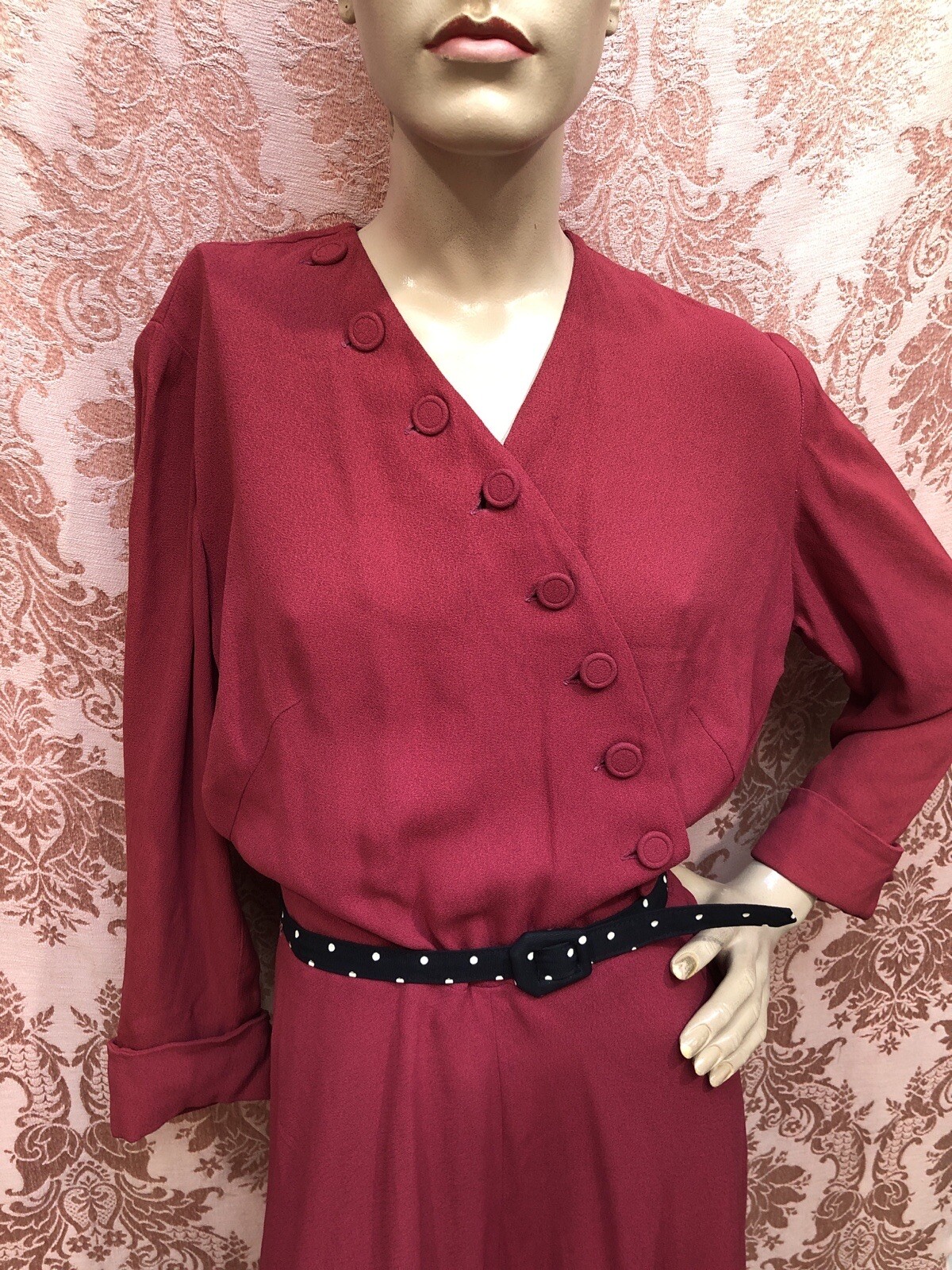 VTG 1940s Pomegranate RED Rayon Crepe Bias-Cut SWING DRESS w/ASYMMETRIC Buttons