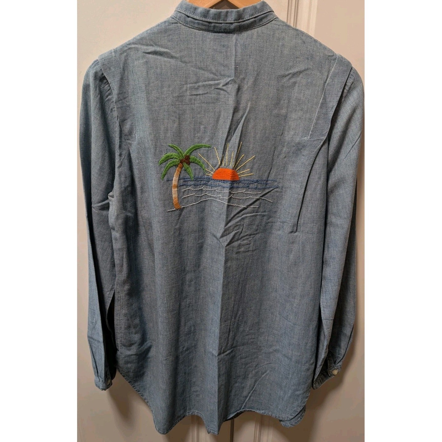 VTG 70s Levis M Chambray Blue Denim Tunic Top Embroidered Floral Insect Tropical