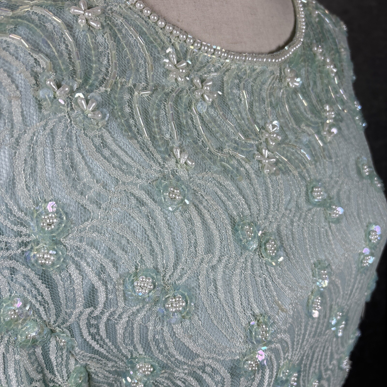 Vintage Top L Green Sequin Beaded Fairycore Artsy Lace Sheer Lined Party Blouse