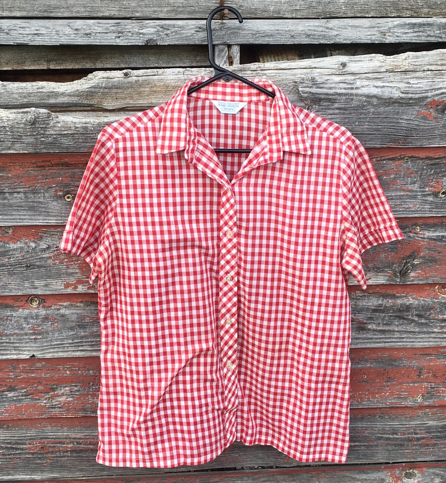 Vintage SEARS Perma-Smooth Red Checkers M Button Up Shirt Blouse Rockabilly Nice