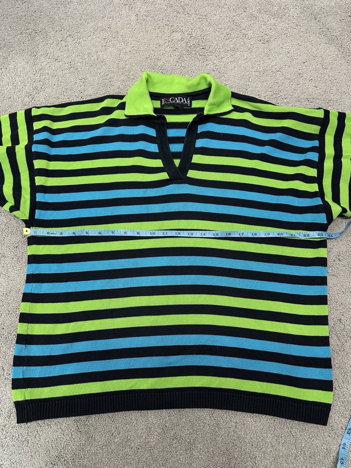 Escala Sweater Vintage Size 40 Line Green Teal Black Striped Collar Pullover