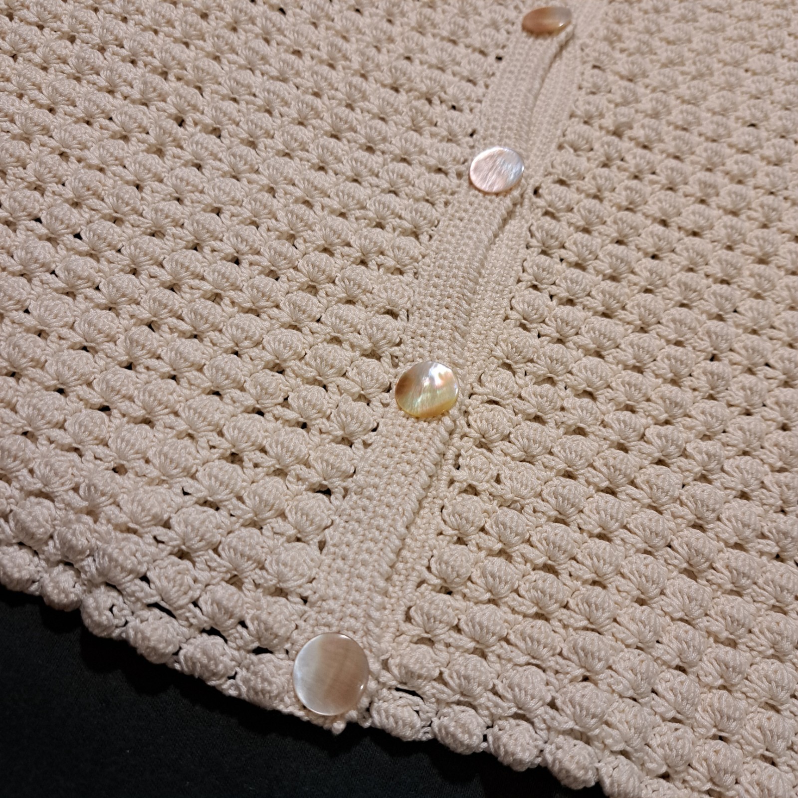 Vintage 80s 90s Handmade Crochet Cardigan Ivory MOP Buttons Ukrainian Handcraft