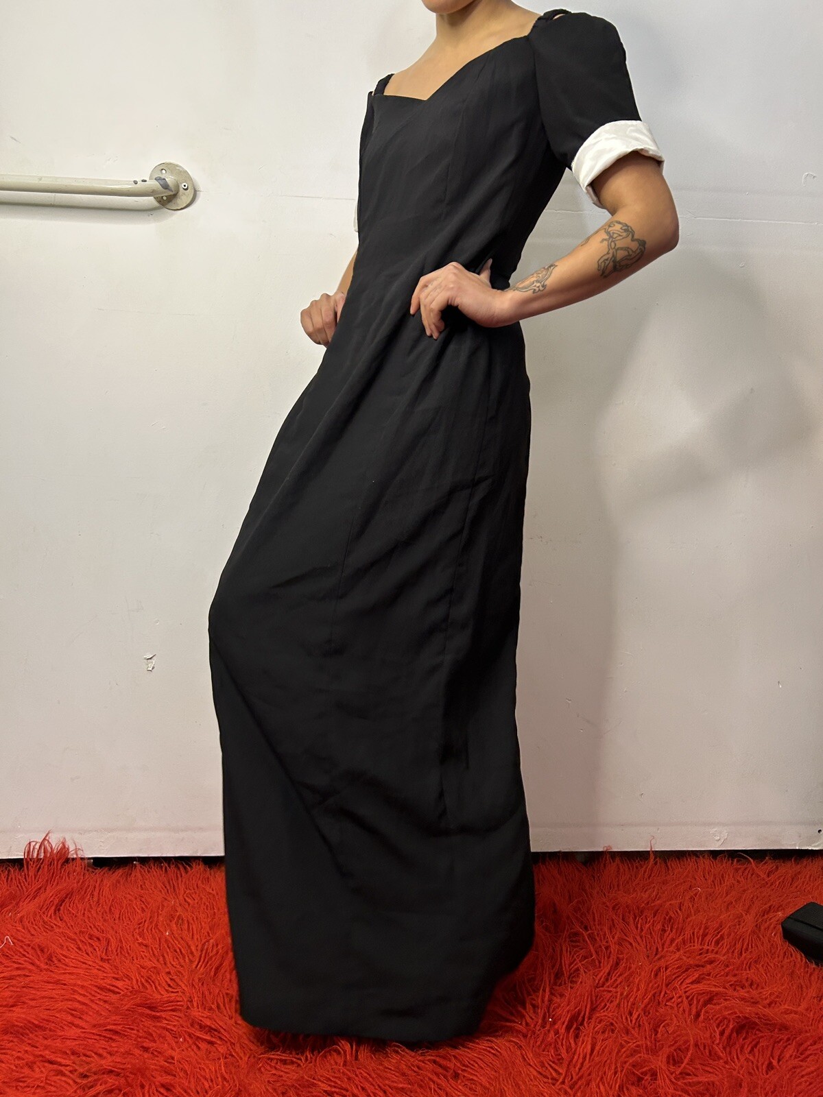 Vintage Handmade Black Dress Maxi Off-the-shoulder Princess Neck Boned AU 8