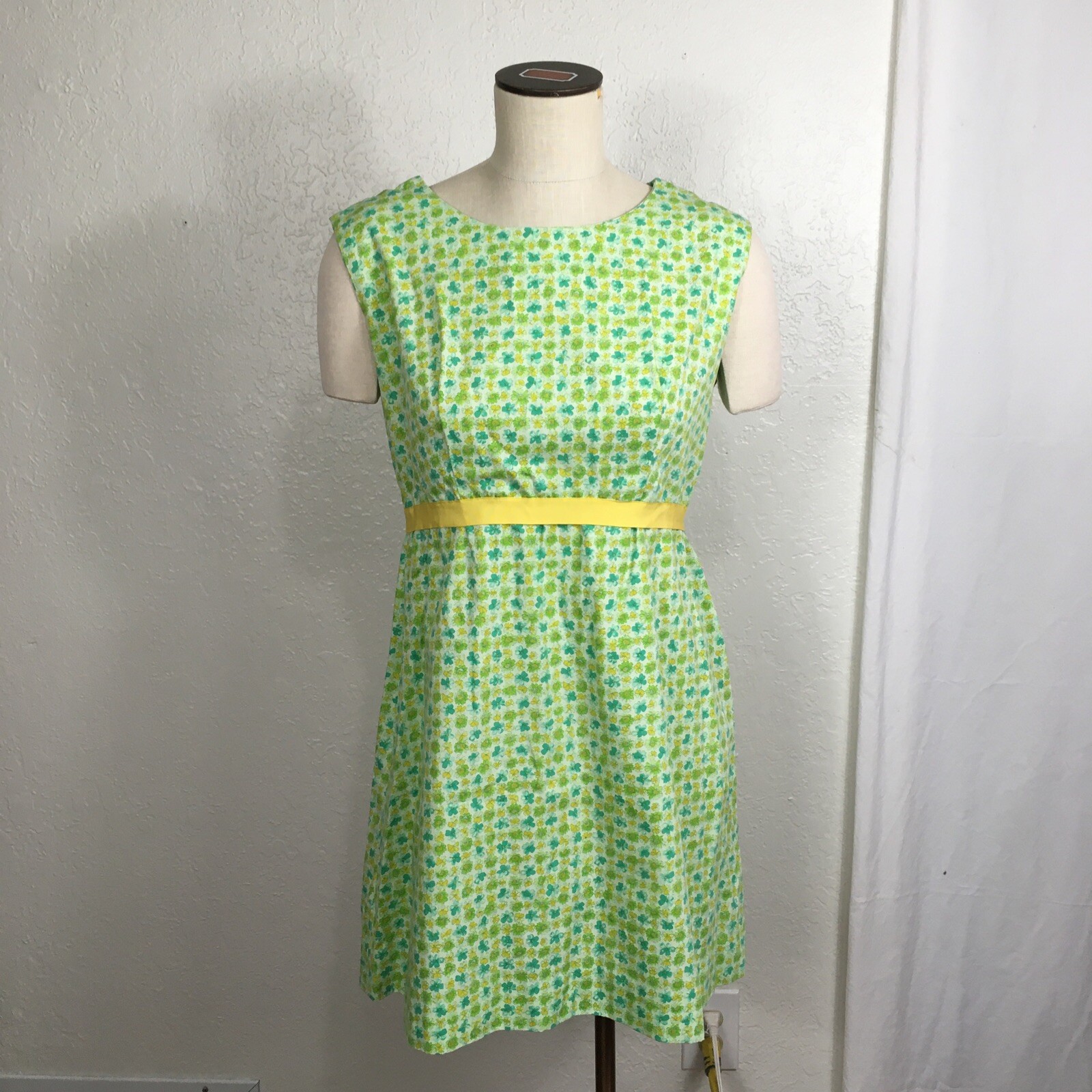 Vintage 1970 Handmade Dress Green Yellow Floral Ribbon Waistband Sleeveless 12