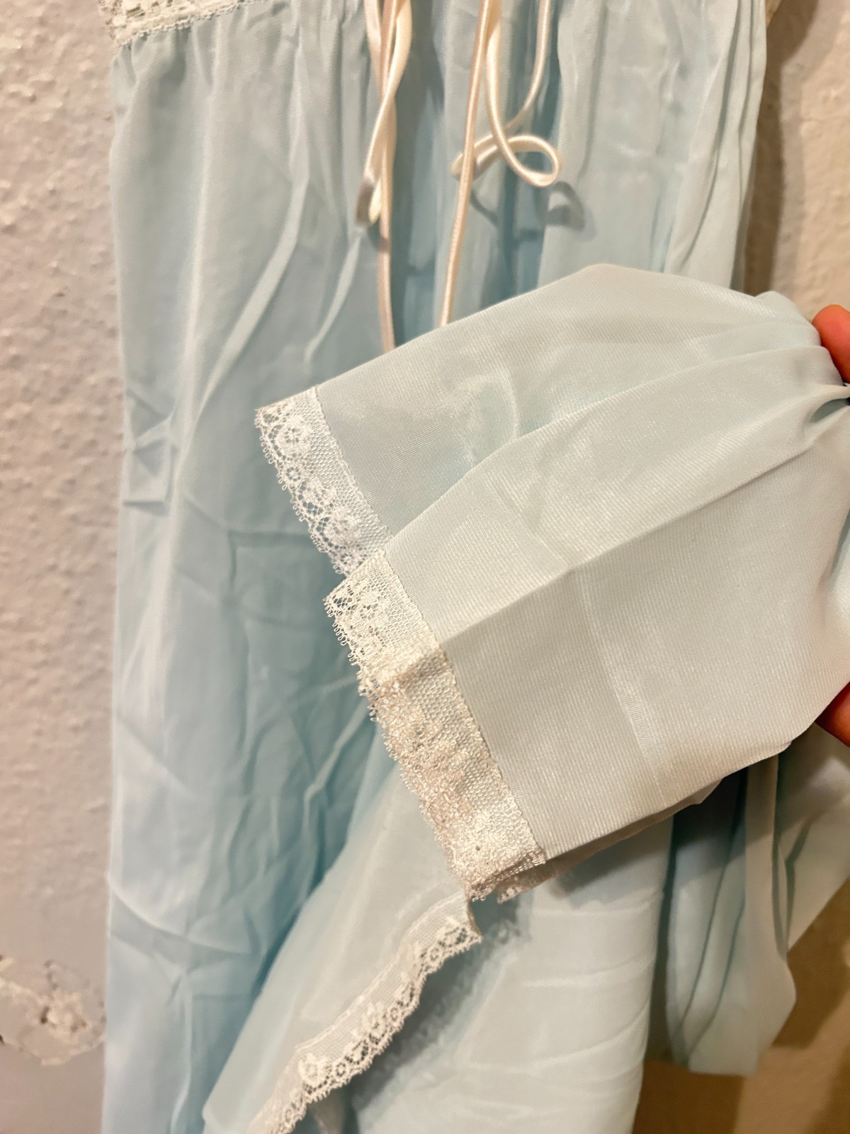 Vtg 70s Small Light Blue White Soft Padded Bra Top Nylon Nightgown Lace Maxi