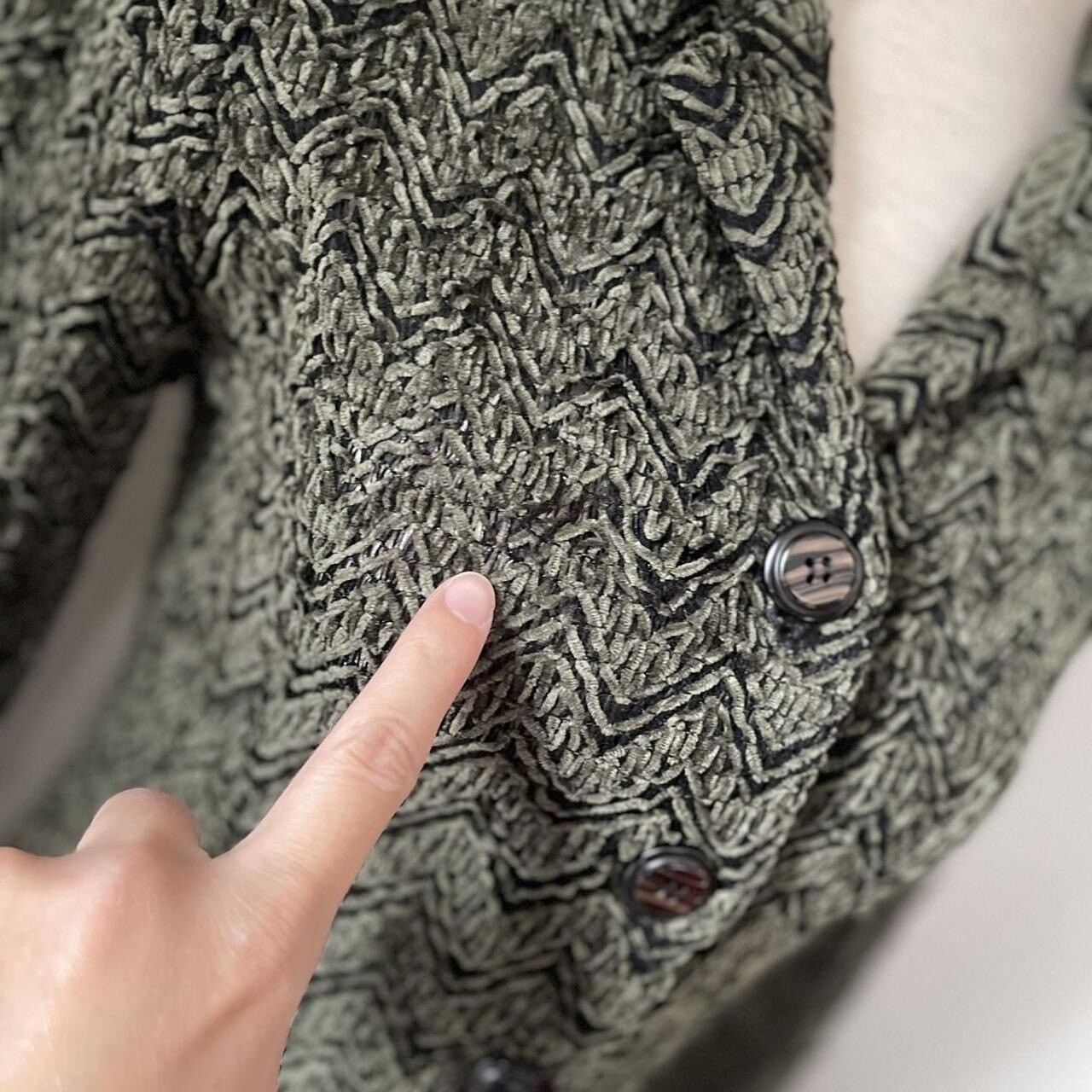 Vintage 80s Button Up Shoulder Pad Green Black Bouclé Cardigan Jacket M Chenile