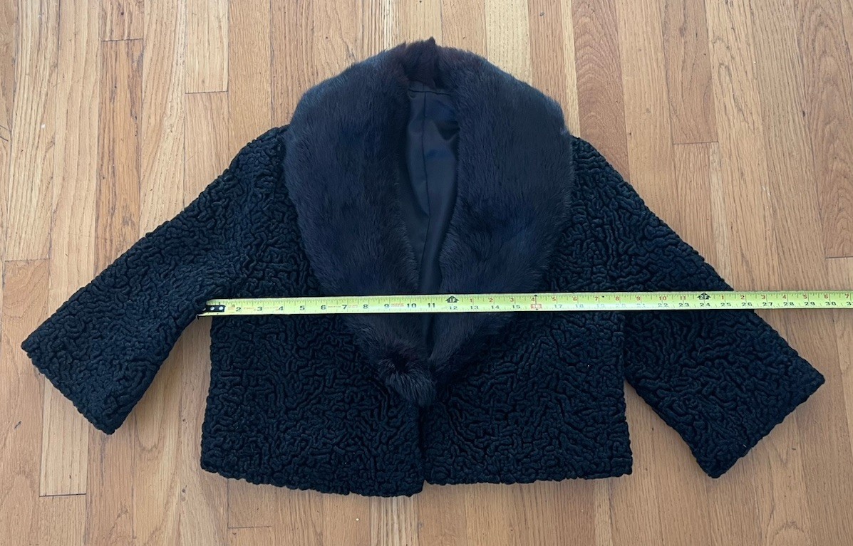 Vintage Black Persian Lamb Curly Wool Short Jacket Fur Collar 3/4 Sleeves