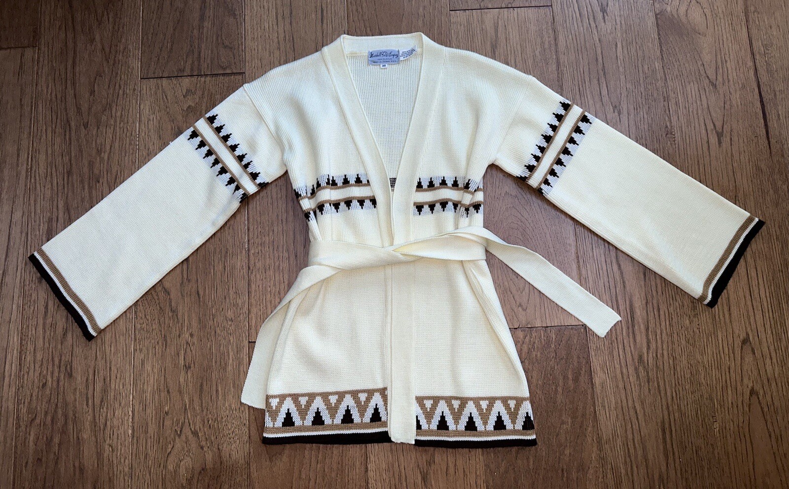 VTG 70s Chunky Knit Hippie Boho Fair Isle Belted Sweater Cardigan S Marshall Fld