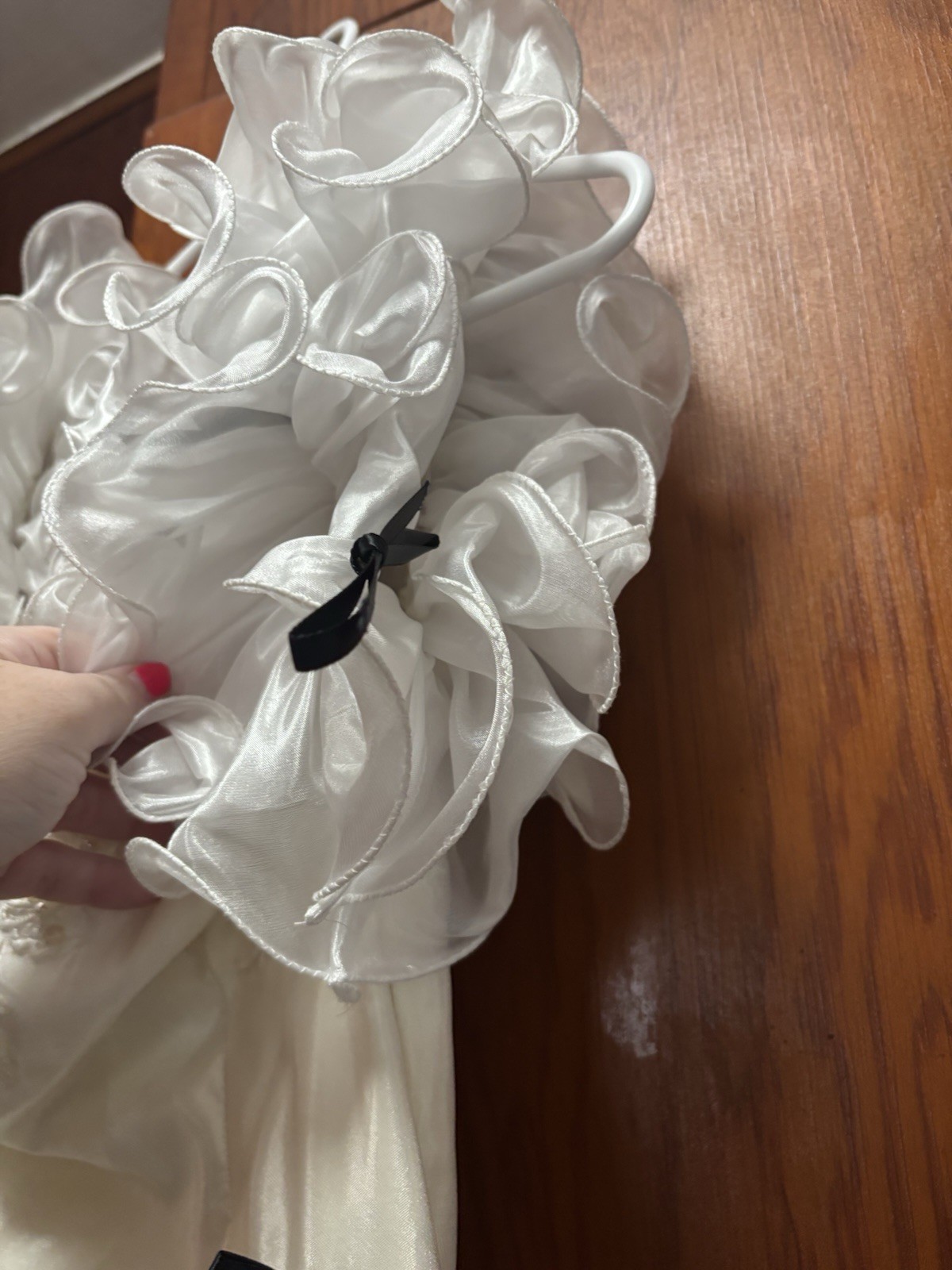 Vintage Size 8 Wedding Gown With Ruffled Sleeves, Tiered Skirt, Black Ribbons