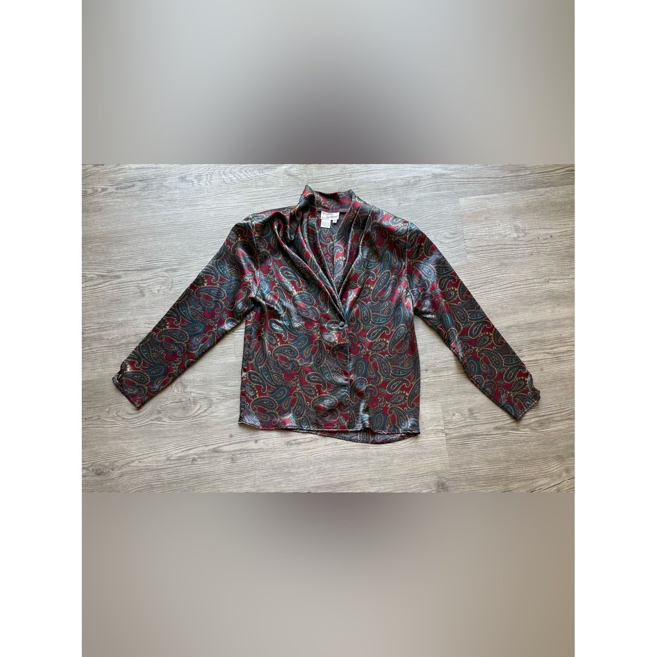 Vintage Hastings & Smith Paisley Satin Blouse Womens Size 8 Burgundy Teal 90s