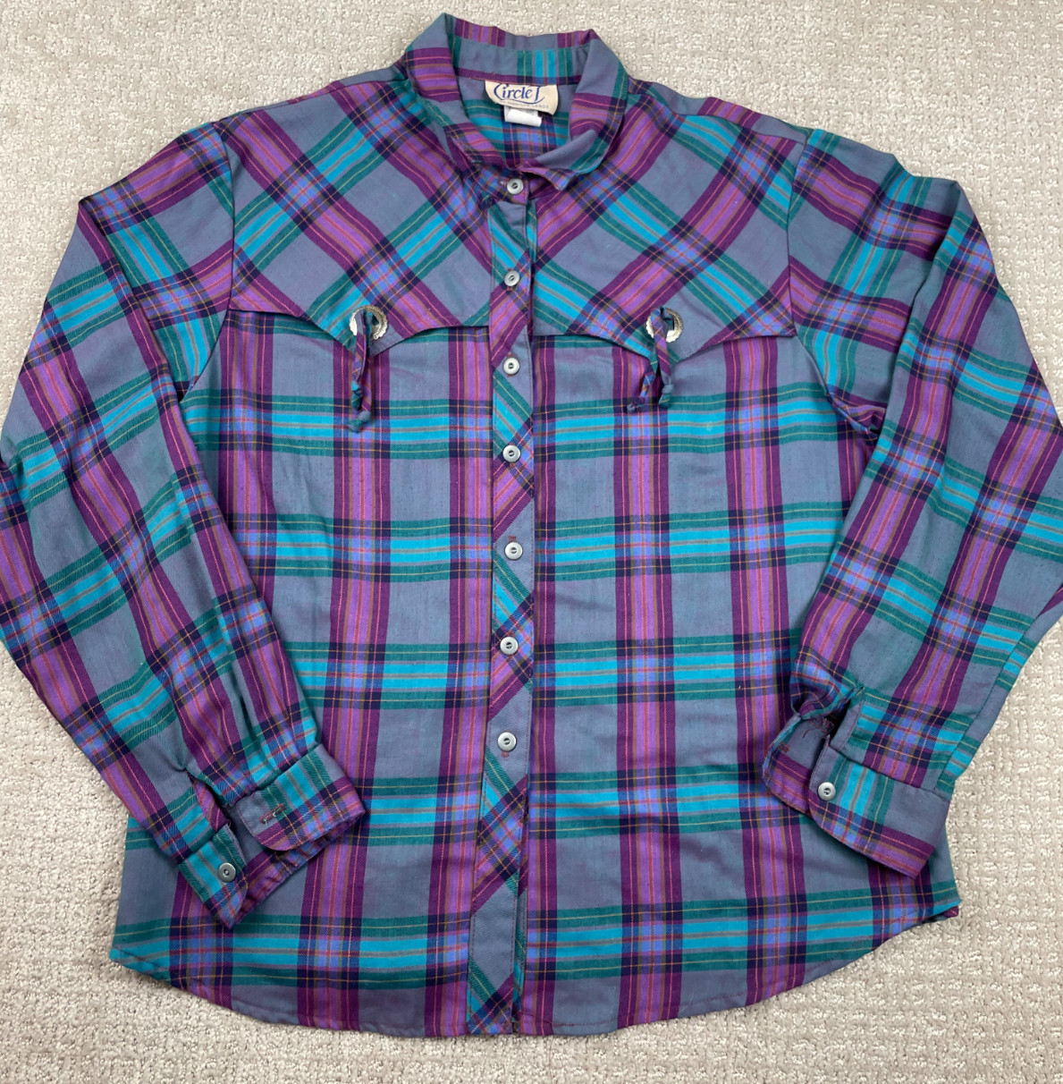 Vintage 80s Circle T Western Shirt Women 19/20 Turquoise Plaid Button Front Cape