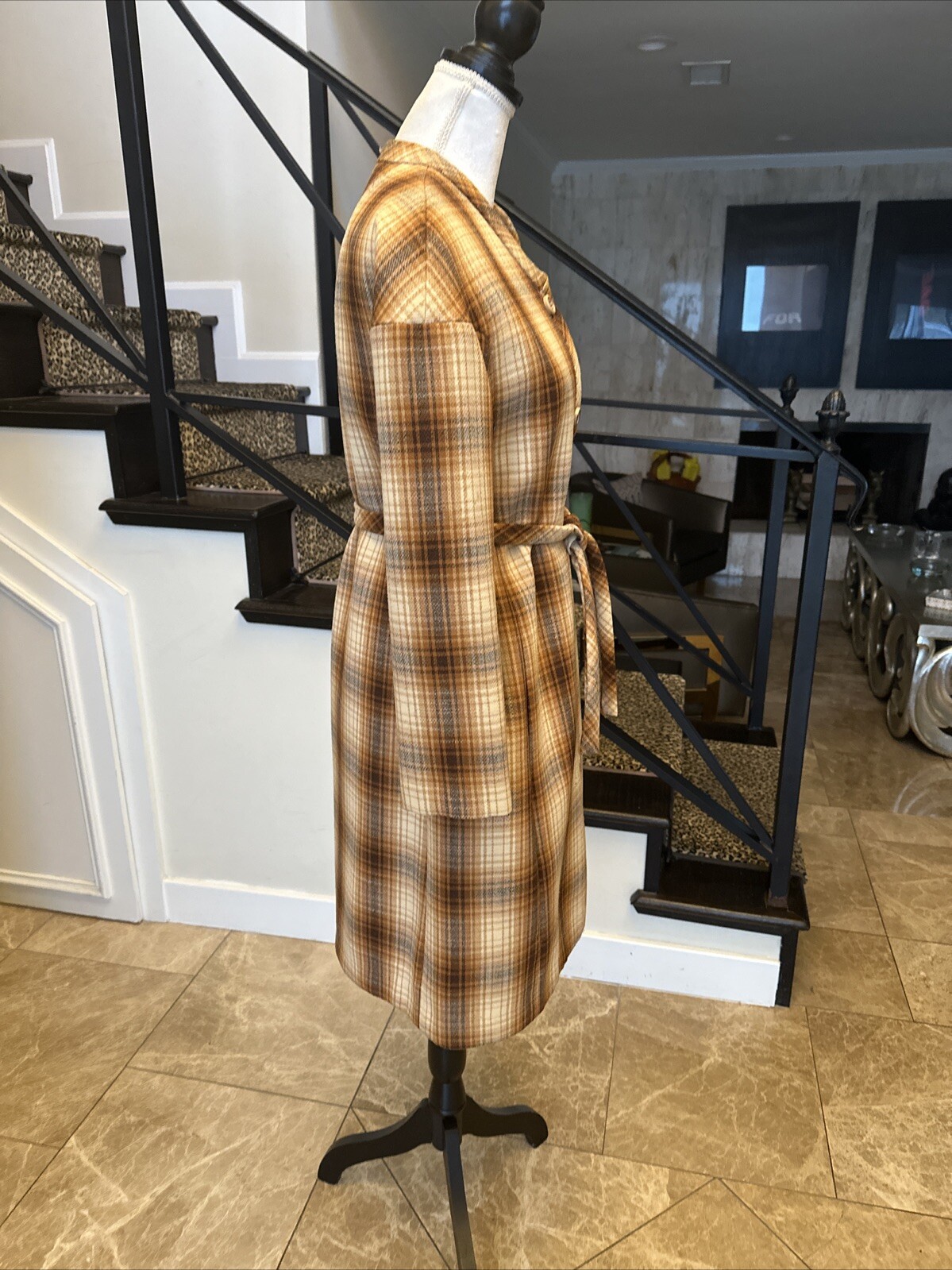 Jacques Tiffeau 60s Brown Tones Wool Blanket Plaid Coat & Pleated Skirt Set S